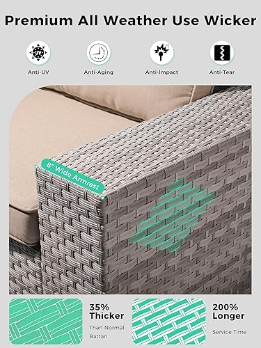 Miniatura 5 de Juego de sofá modular de mimbre para exteriores, 6 piezas, juego de muebles de patio de 5 asientos con cojines gruesos de 4 pulgadas y mesa