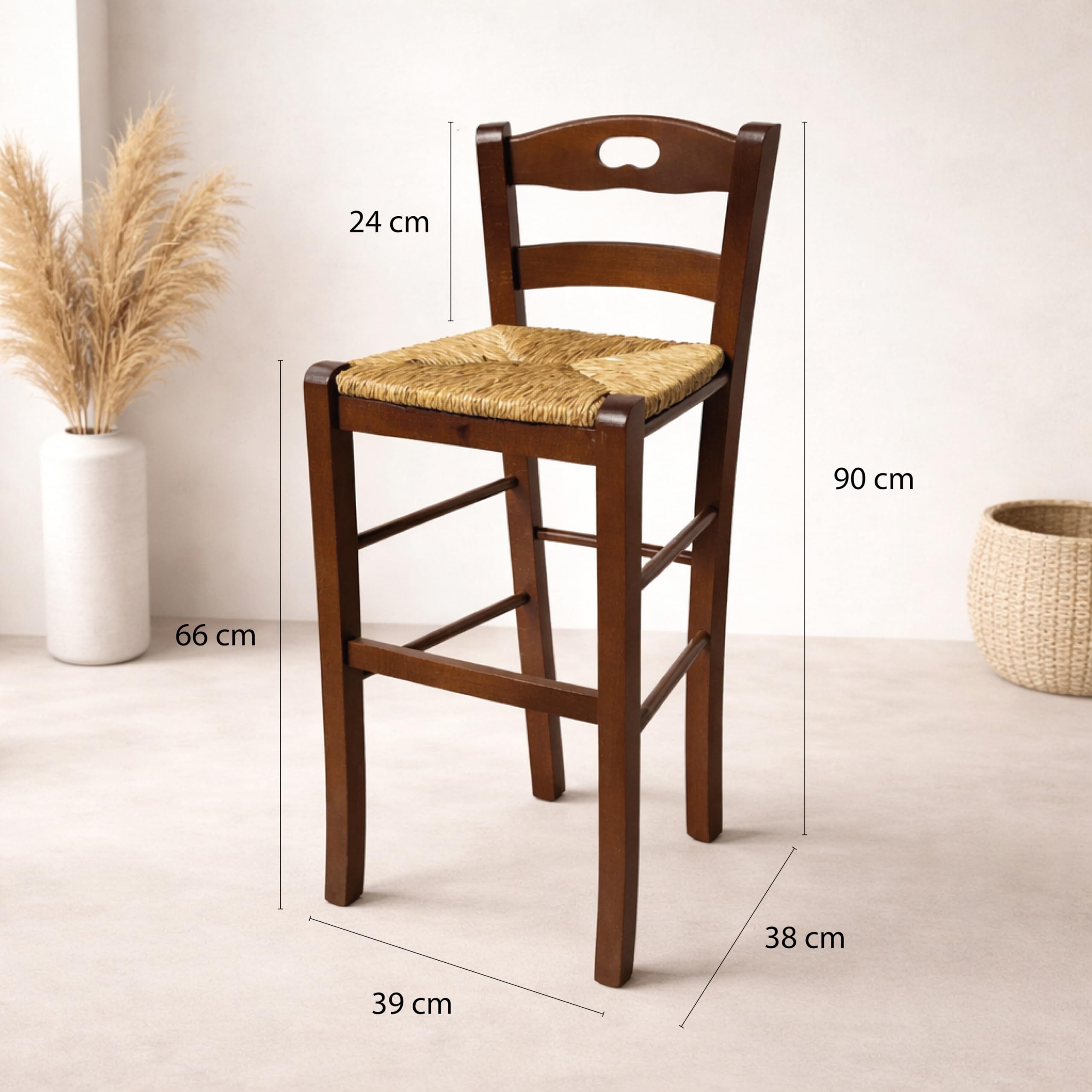 Set Sgabelli in Legno con Seduta Compatta - con Poggiapiedi, Schienale, Struttura Robusta, da Bar, Cucina, Ristorante, Soggiorno, Stile Classico, Rustico - 39X38X90CM (4PZ, Noce)