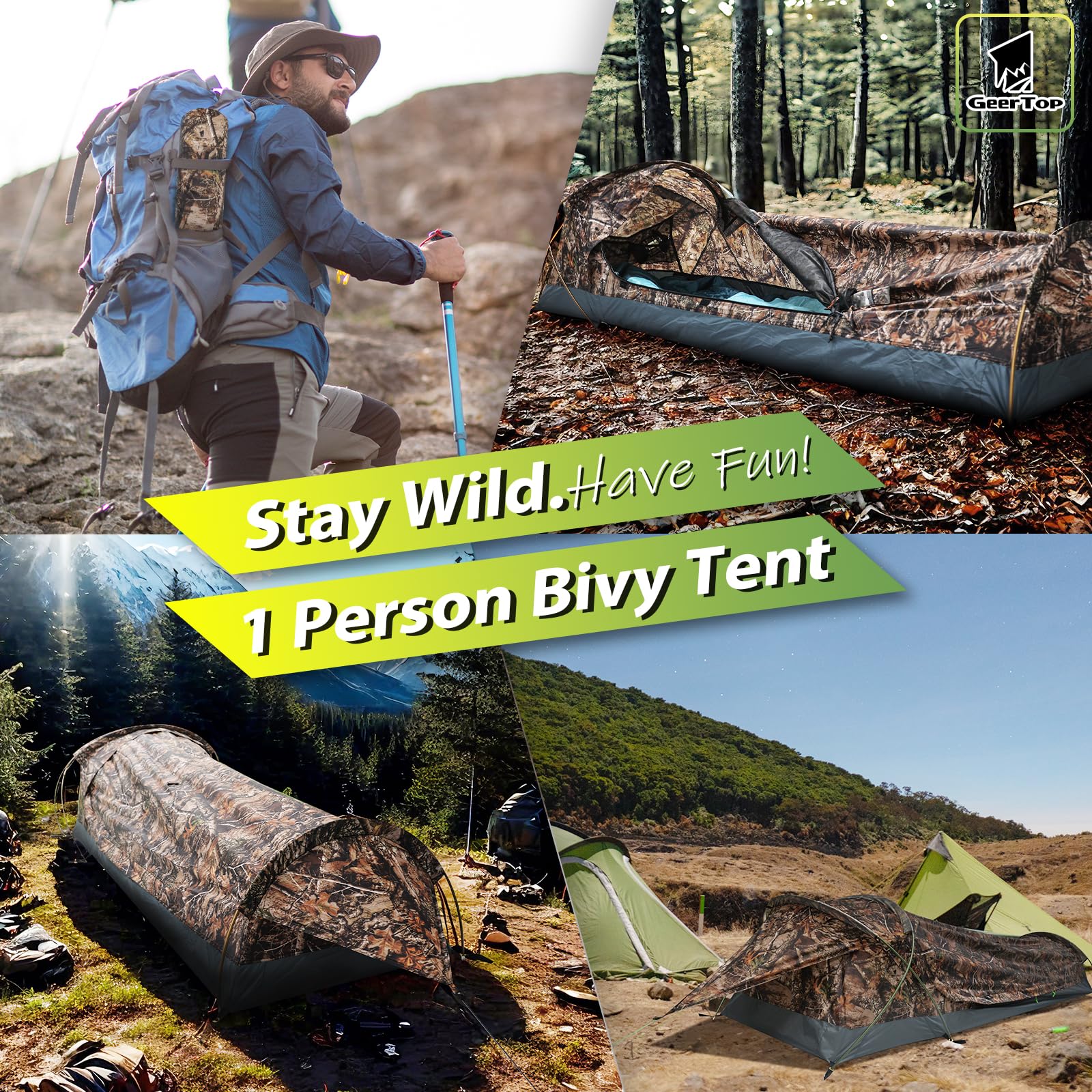GEERTOP Ultraleichtes Kompakt-Biwaksack für 1 Person, wasserdichtes und kleines Bivy Zelt, schnell aufgebautes Trekkingzelt, geeignet für Wandern, Rucksackreisen, Camping, Bergsteigen, Partys