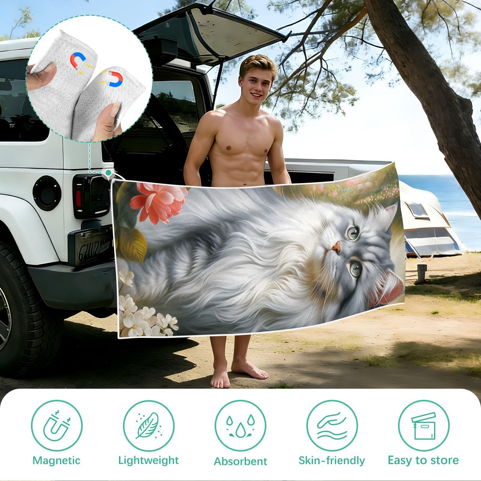 Grande serviette de plage avec sacs en maille pour adultes, motif chat dans des roses, serviette de bain avec fermeture magnétique, anti-sable, absorbante à séchage rapide, pour piscine, camping