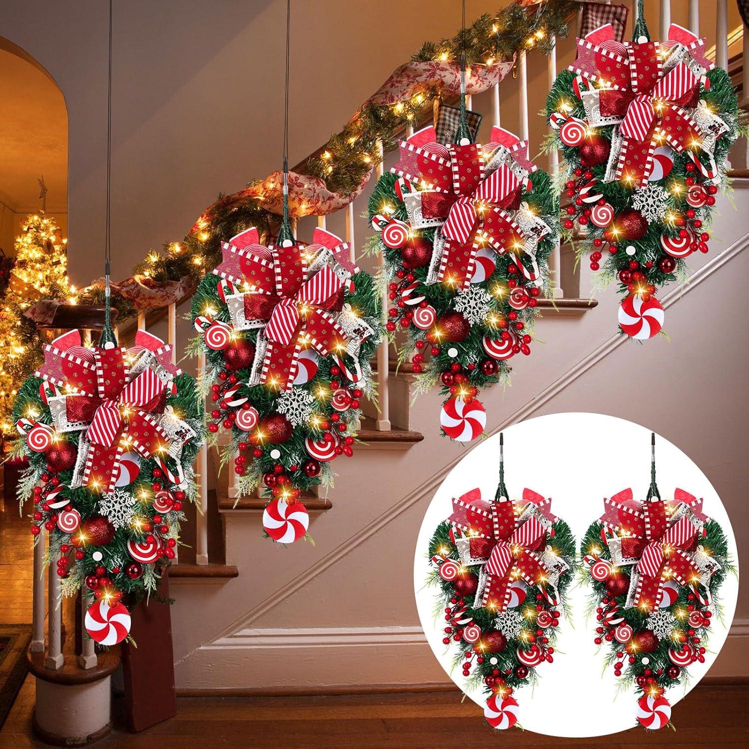 Lyrow 4 Pcs Cordless Prelit Christmas Artificial Swags 24" Xmas Stairway Swag Teardrop Trim Christmas Staircase Decoration Battery Operated Garland for Indoor Outdoor Railing Decor fresh style