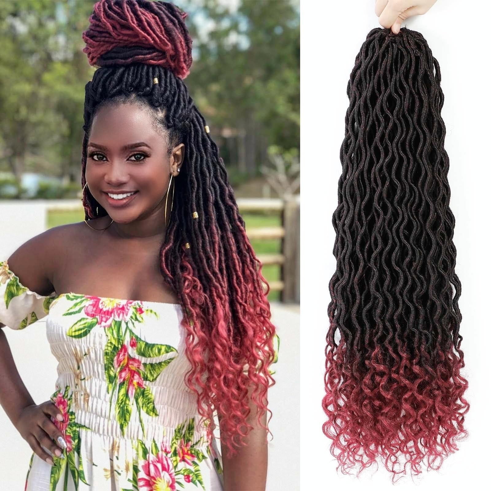 22 Inch Goddess Locs Crochet Hair Pre Looped Faux Locs Crochet Hair Ombre Burgundy Crochet Locs for Black Women Soft Faux Loc with Curly Ends(22 Inch,