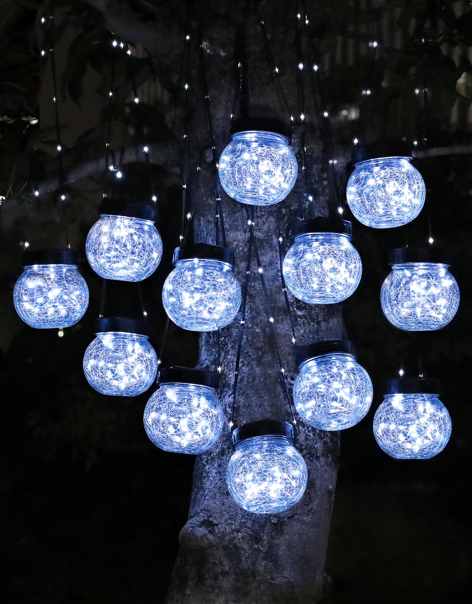 PARTPHONER Luces solares impermeables para exteriores, paquete de 12 unidades, farol colgante de vidrio agrietado para decoración de patio, decoración de Navidad, gancho de pastor, adornos de árbol de
