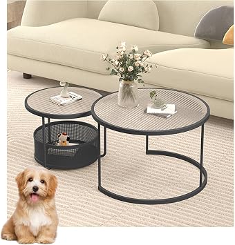 Round Nesting Coffee Table Set of 2 with Changhong Glass Top and Iron Frame, Modern Space-Saving Tables for Living RoomBlack,70+50cm
