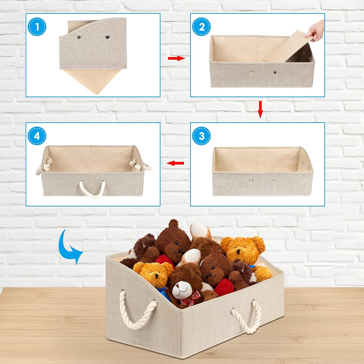 TomCare 4-Pack Storage Baskets Foldable Trapezoid Storage Box Fabric Cube Storage Box Storage Cubes with Rope Handles Cube Organizer Storage Containers for Living Room Bedroom Office (Khaki)