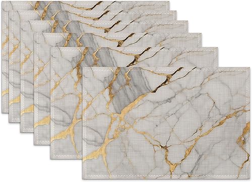 Juego de 6 manteles individuales, manteles individuales de lino con diseño abstracto y dorado, resistentes al calor, lavables, para decoración de