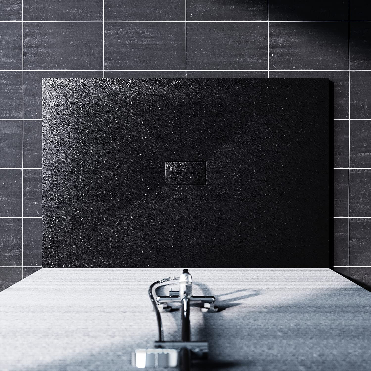 SONNI Plato de Ducha de Resina 140x100,con Válvula de Deasgüe,Textura Pizarra y Antideslizante,Altura 3cm Negro