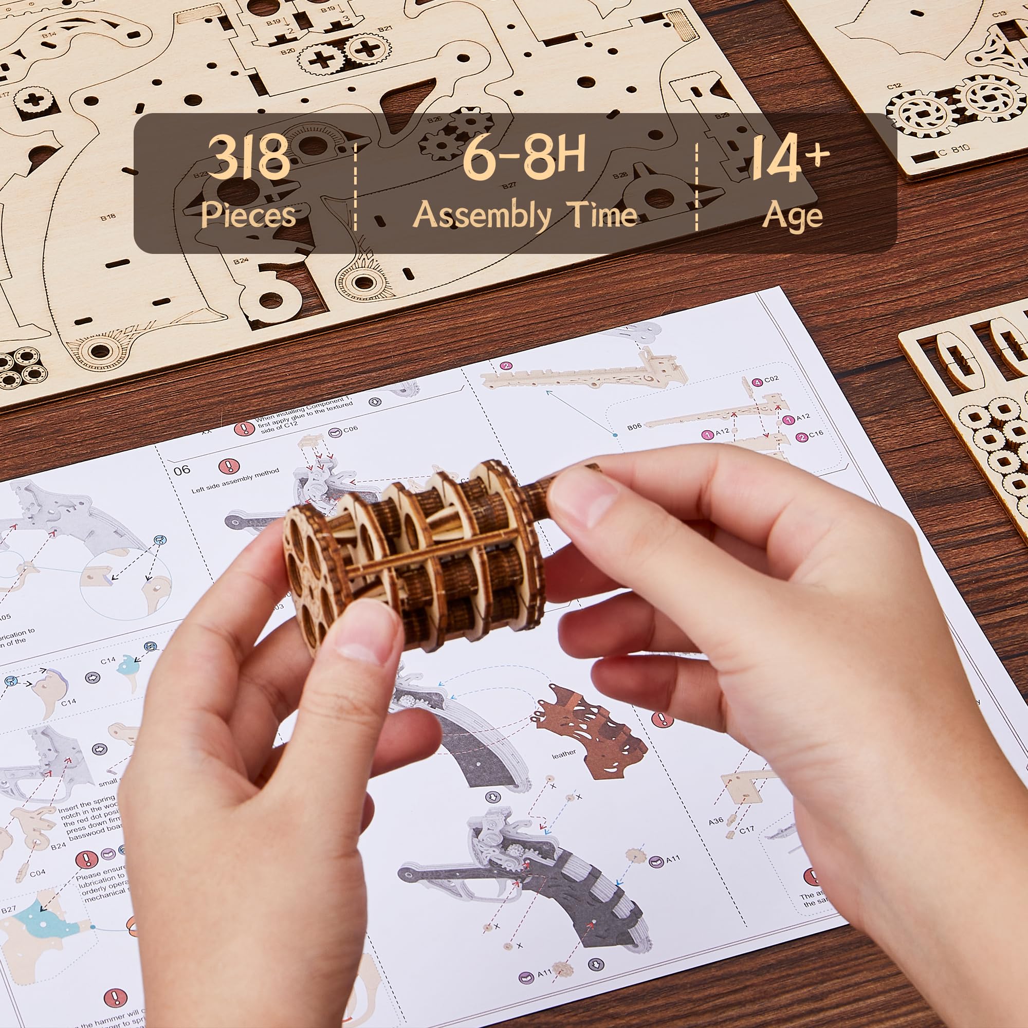 FUNPOLA Puzzle 3D in legno Modello Revolver Steampunk – Kit di montaggio DIY del revolver meccanico, regalo creativo per adulti e adolescenti (Nero)