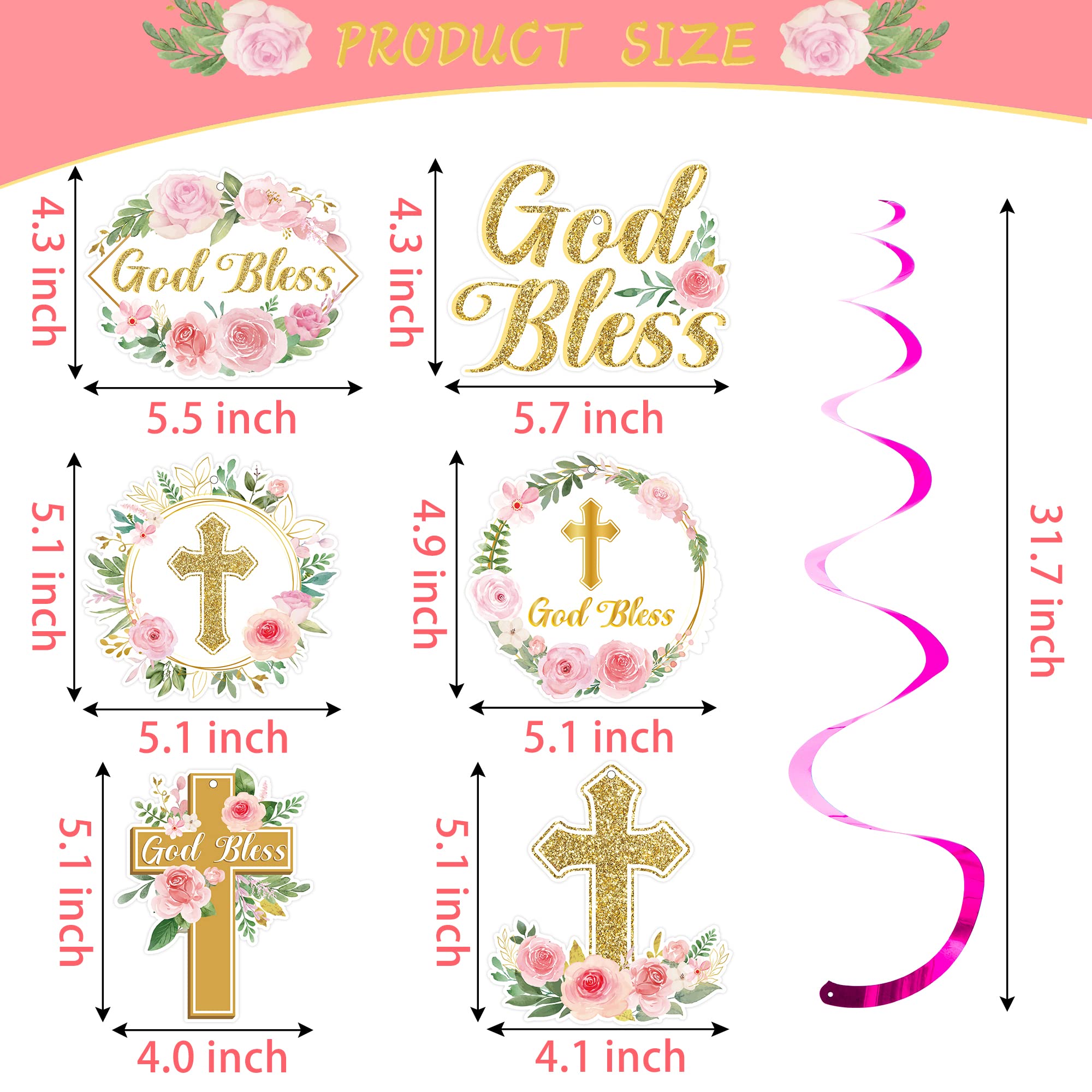 ANGOLIO 30Pcs Pink Floral Cross Hanging Swirls Decorations, Religious Baby Shower Themed Decoration Ceiling Hanging Decor, First Holy Communion Ceremony Party Swirl Ornaments for Wall Home Supplies