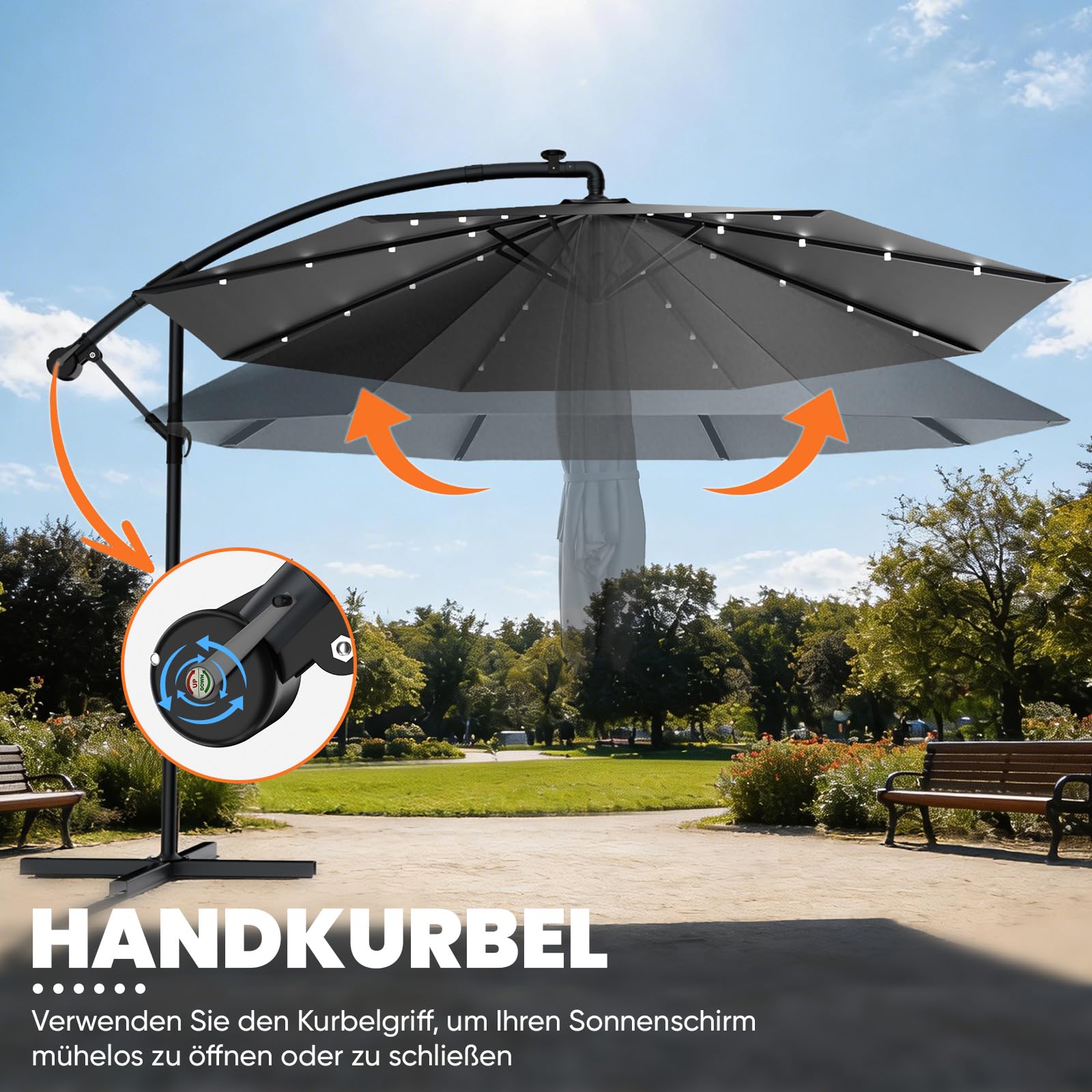 Huracan parasol déporté avec pied & couverture, solaire LED grand parasol à manivelle, pivotant à 360°, aluminium pliable, protection UV, inclinable, pour balcon, terrasse, jardin