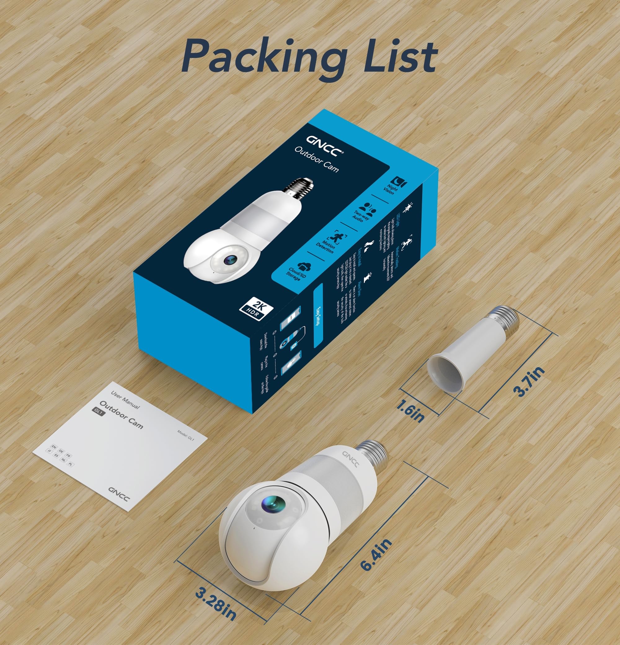 GNCC Telecamera 2K Lampadina WiFi per E27/E26, Compatibile con 2,4 GHz | Visione Notturna a Colori, Rilevamento Umano e Tracciamento, Installazione Facile, Notifiche Instant, Archiviazione Cloud