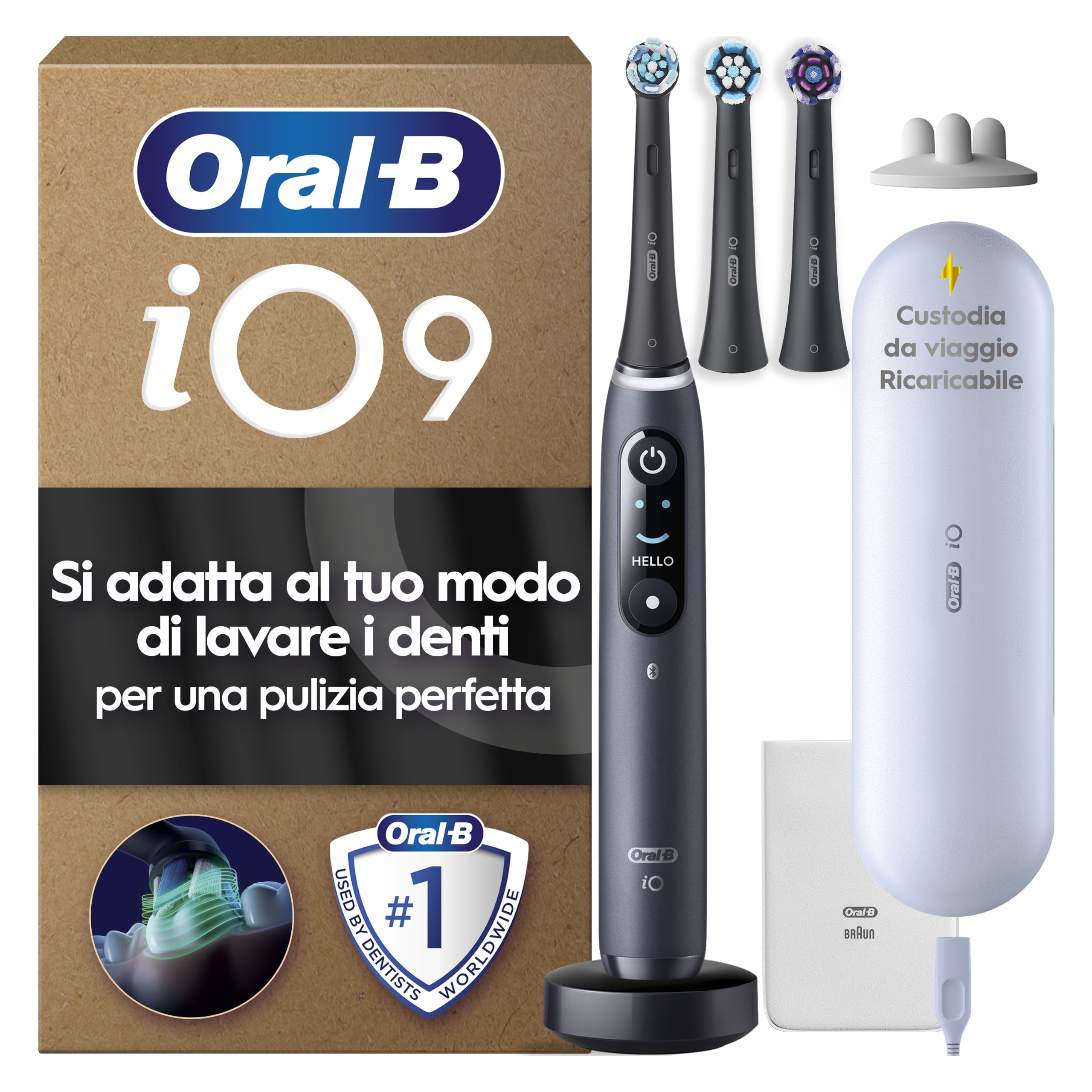 Oral-B iO 9 Spazzolino Elettrico, con 3 Testine di Ricambio, Custodia, Nero