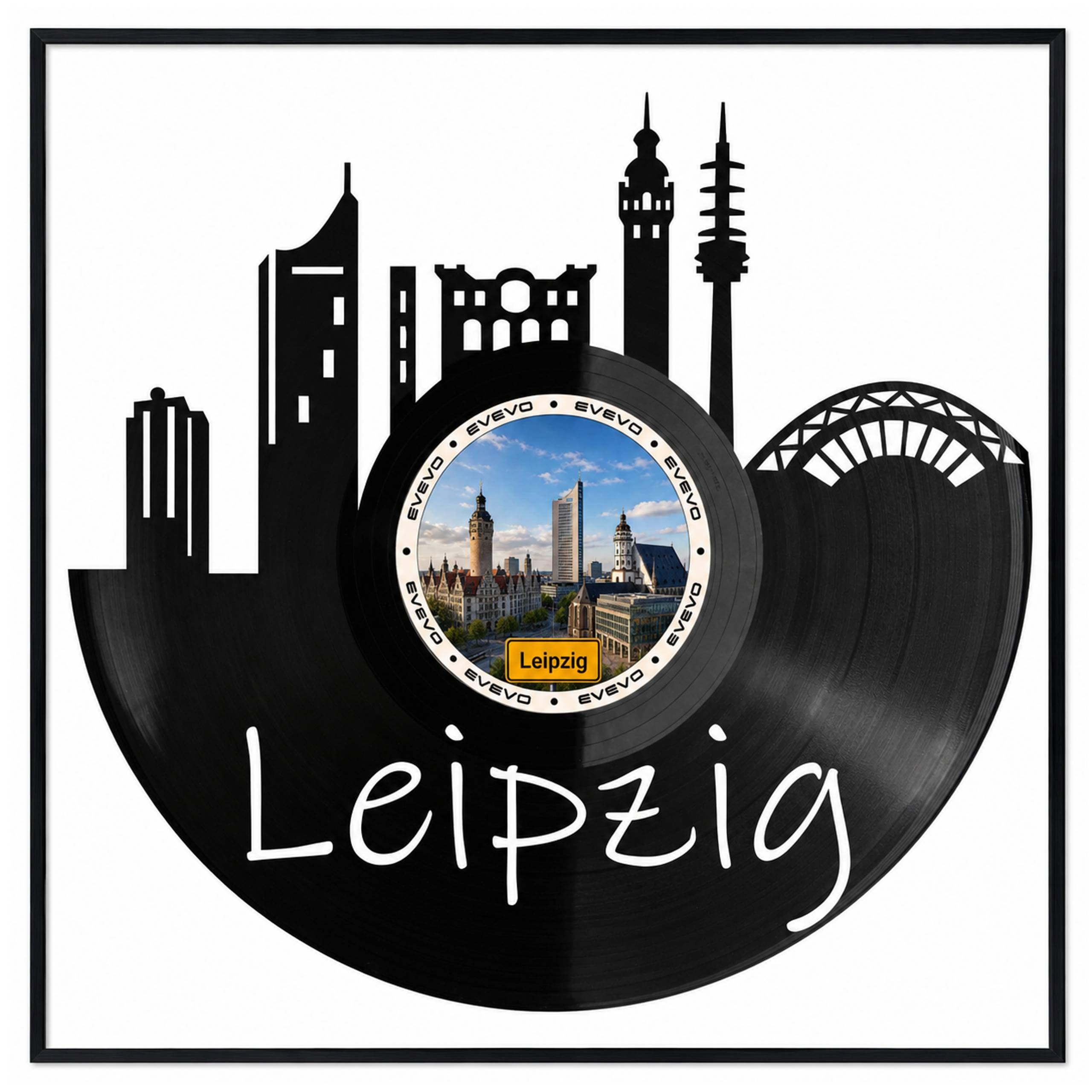 EVEVO Decorazione da parete in vinile con cornice, 32 x 32 cm, Leipzig, decorazione da parete in vinile, motivo città fieristica, regalo per gli amanti della musica