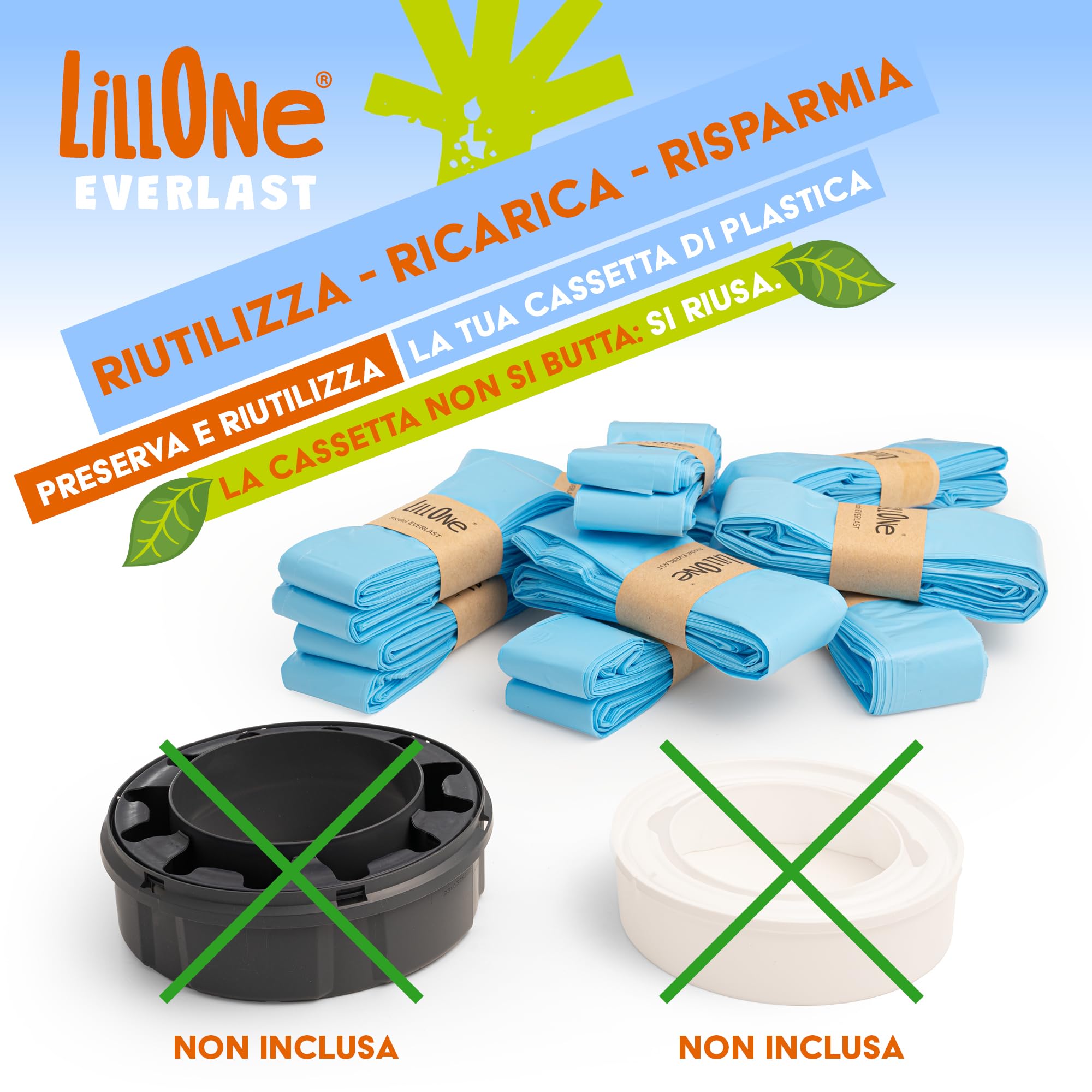 LillOne EVERLAST 9 Ricariche Mangiapannolini Universali Extra Lunghe 6,5 m Spessore Maggiorato Anti Odore e Perdite Compatibili con Angelcare, Maialino Foppapedretti, Tommee Tippee, LitterLocker