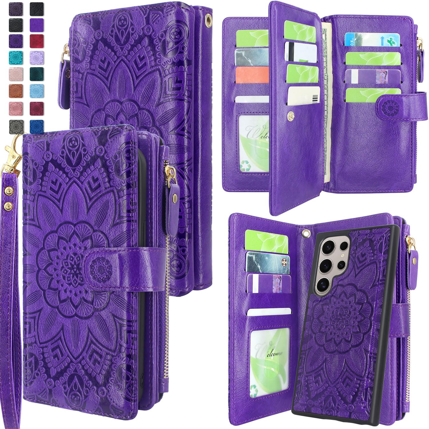 Harryshell Detachable Magnetic Zipper Wallet Leather Case with Cash Coin Pocket 12 Card Slots Holder Wrist Strap Lanyard for Samsung Galaxy S24 Ultra 5G 6.8 inch (2024) (Flower Purple)