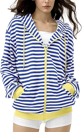 FAIABLE Striped Zip Up Hoodie Women Oversized Sweatshirt Hoodies Zipper Sweaters Pullover Cotton Vintage Preppy Shirt Outfits