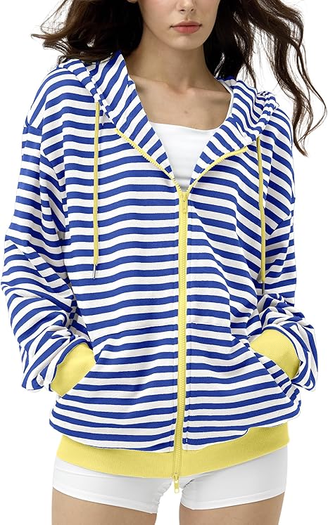 FAIABLE Striped Zip Up Hoodie Women Oversized Sweatshirt Hoodies Zipper Sweaters Pullover Cotton Vintage Preppy Shirt Outfits