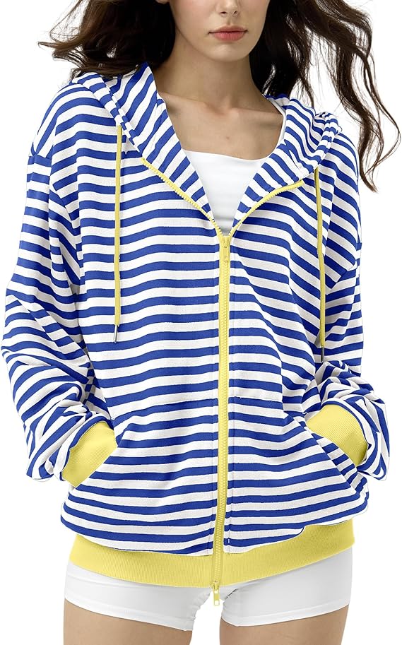 FAIABLE Striped Zip Up Hoodie Women Oversized Sweatshirt Hoodies Zipper Sweaters Pullover Cotton Vintage Preppy Shirt Outfits