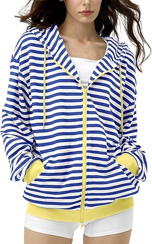 FAIABLE Striped Zip Up Hoodie Women Oversized Sweatshirt Hoodies Zipper Sweaters Pullover Cotton Vintage Preppy Shirt Outfits