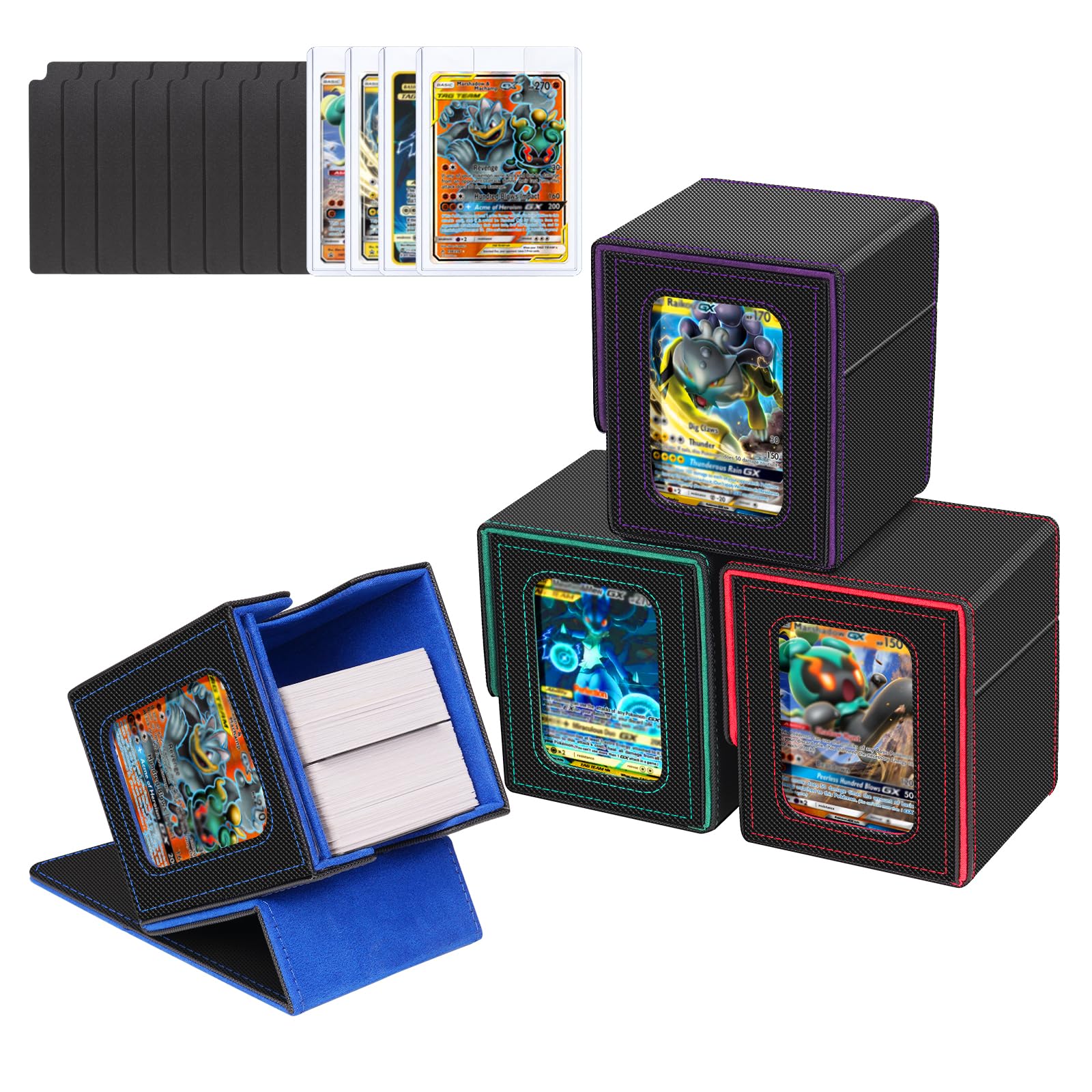 4 Pièces Boîte de Deck Magnétique MTG Commander, Étui en Cuir PU pour Cartes à Collectionner TCG, Peut contenir 100 Cartes sous Double Protection par boîte, Noir‑Rouge/Vert/Violet/Bleu