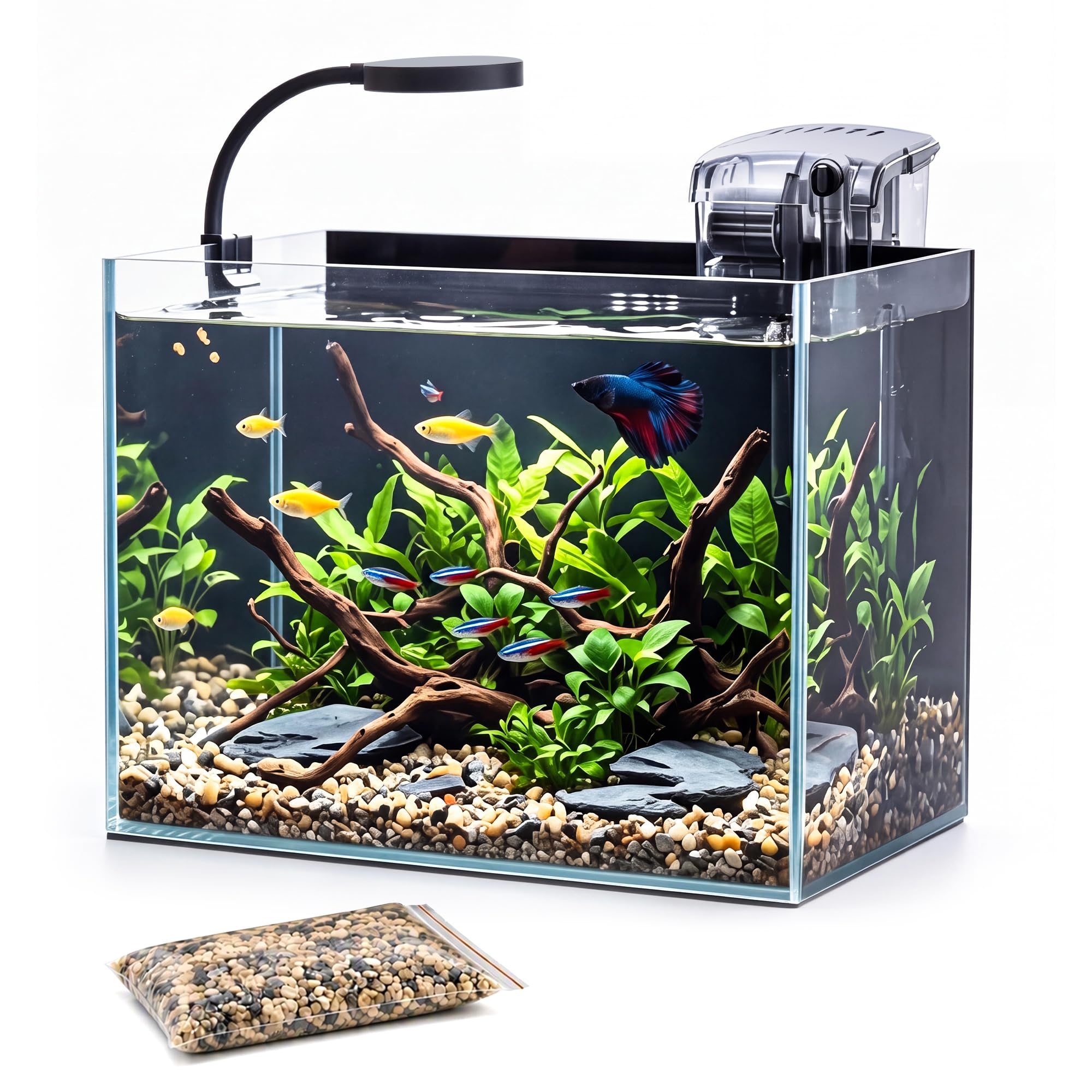 Kit d'aquarium pour aquarium : aquarium de bureau ultra transparent sans bord avec lumière LED et filtre, comprend une pierre paysagère, ensemble complet pour petits poissons, crevettes ou betta, noir