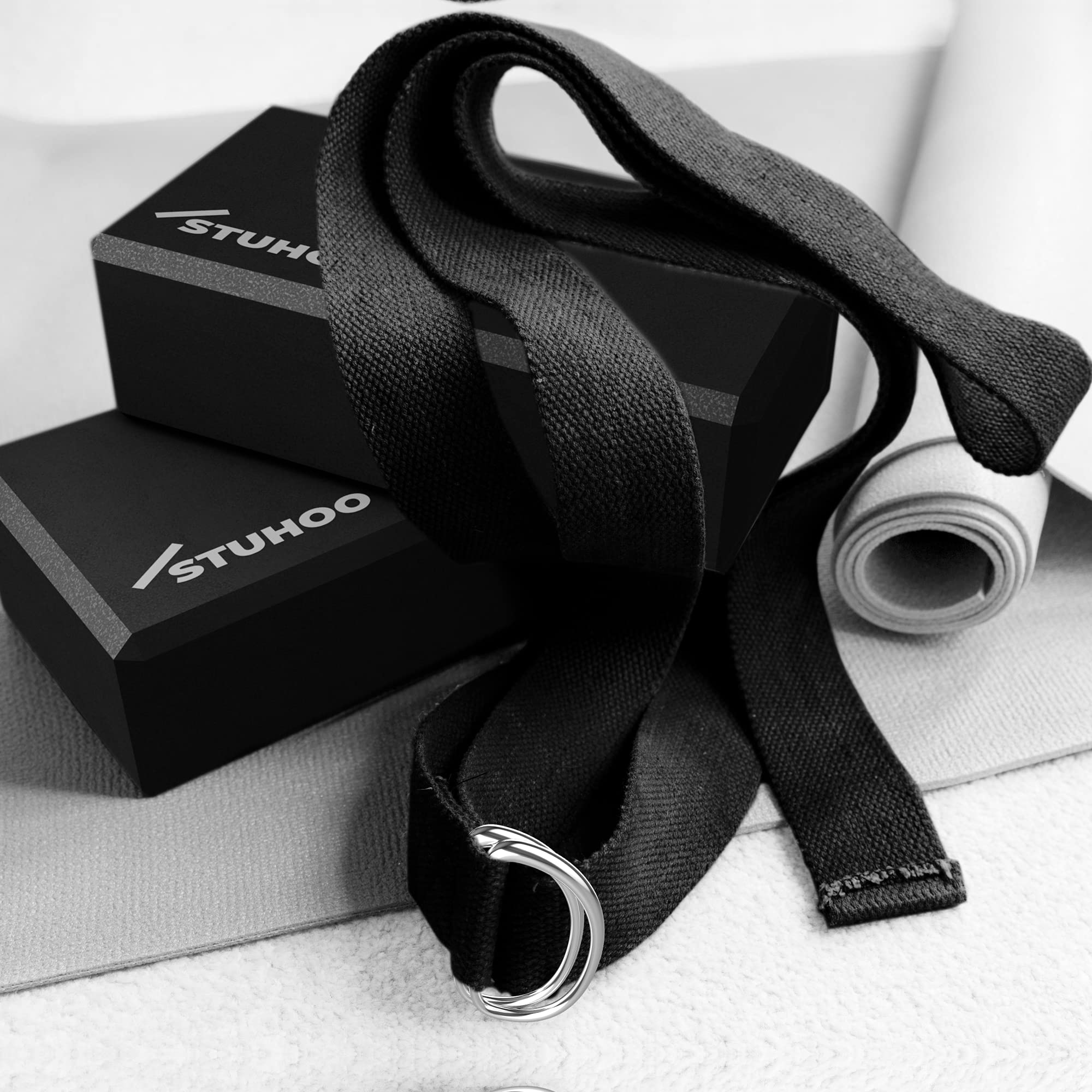 Attrezzi Pilates Set Yoga 2 Blocchi E Cinghia Iunipusy - Schiuma EVA Antiscivolo, Colore Nero Yoga Blocks