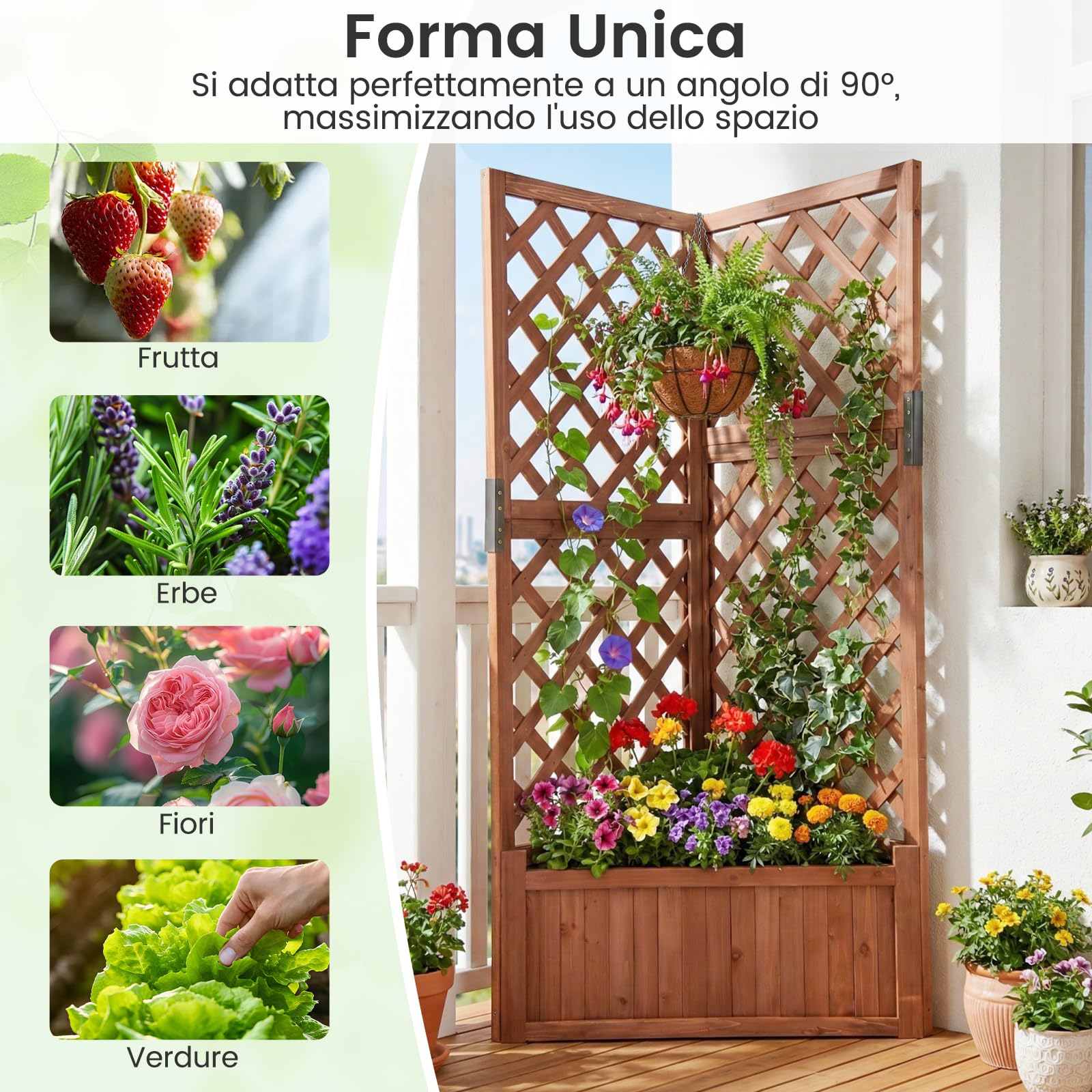 COSTWAY Letto da Giardino Rialzato ad Angolo con Traliccio e Fori di Drenaggio, Fioriera in Legno Elevata per Piante Rampicanti, Fiori e Verdure, Ideale per Interno ed Esterno (Marrone)