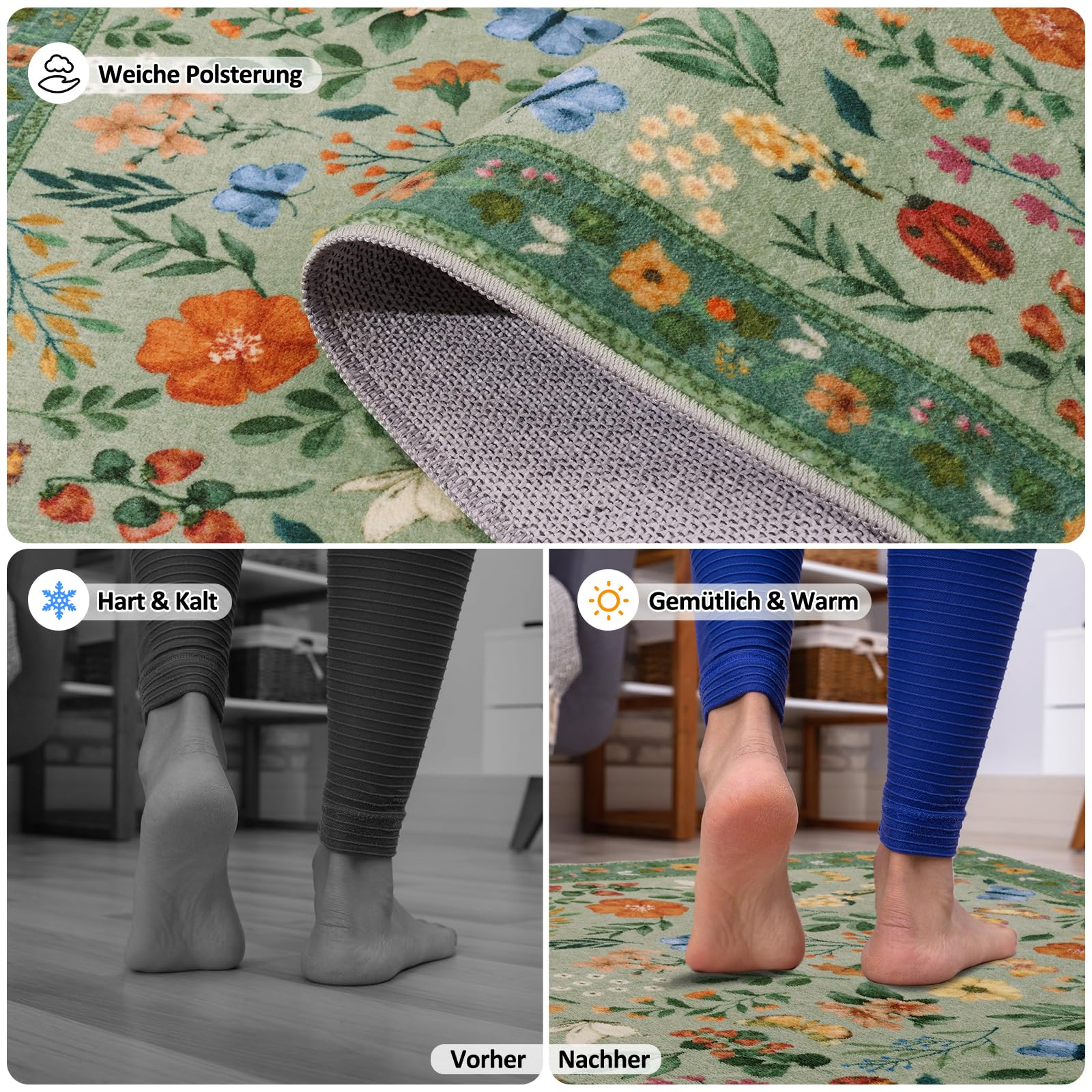MAST DOO Teppich Wohnzimmer Waschbarer 140x200cm, Boho Blumen Kurzflor Wohnzimmerteppich Groß Teppich für Esszimmer Schlafzimmer Büro, Waschbar rutschfest Teppiche Blumen Design Carpet, Grüne