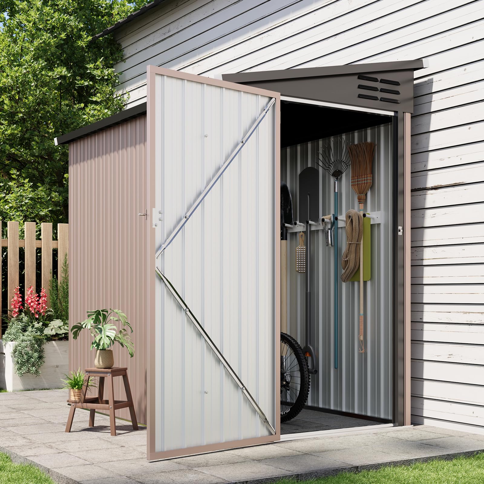 oneinmil 5.9' x 3.8' Outdoor Lean to Storage Shed, Metal Tool Shed with Lockable Door, Metal Shed Garbage Can, Small Storage House for Backyard, Garden, Patio, Brown