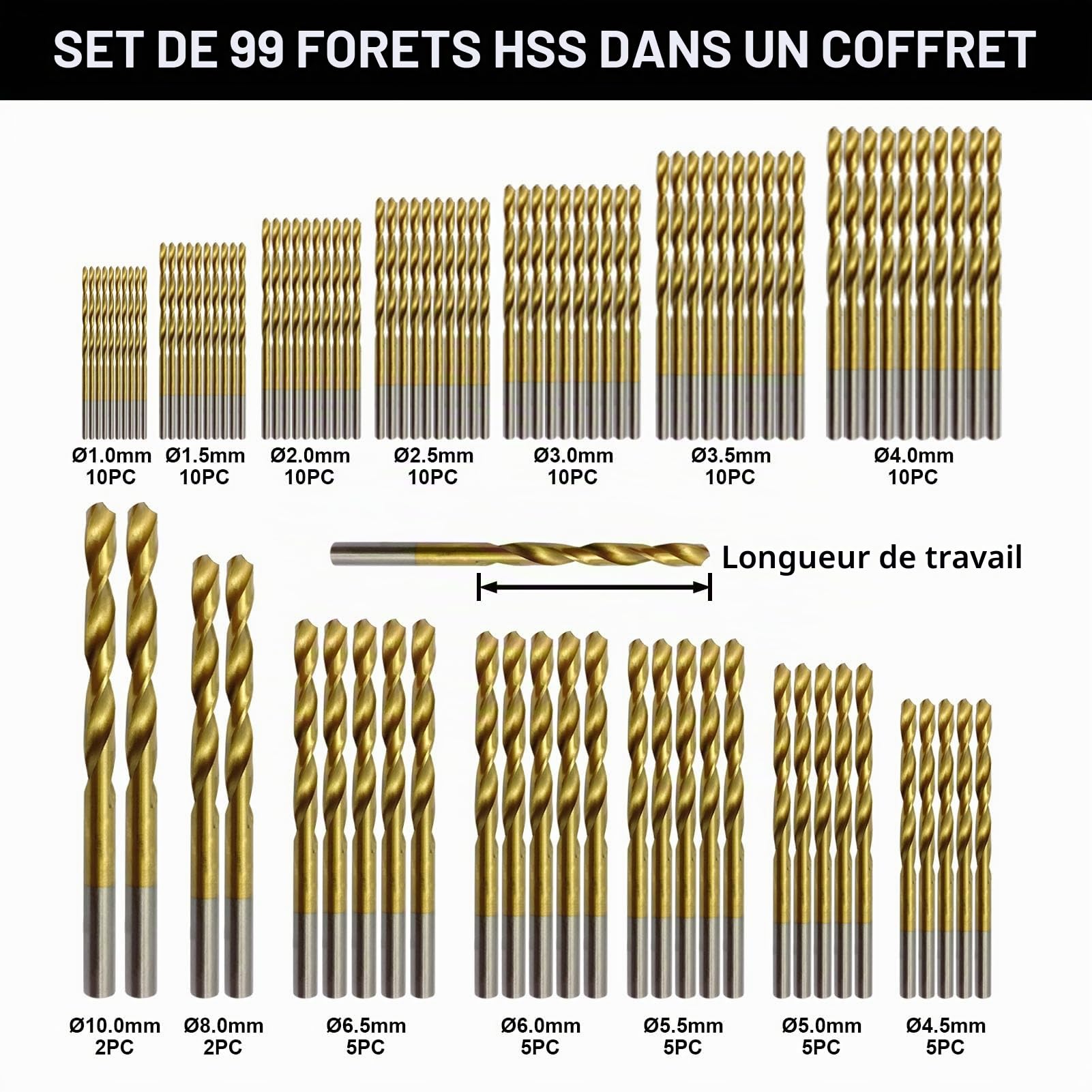 Ensemble de Forets, 99 pièces Forets HSS à Queue Ronde Revêtus Nitrure de Titane pour Acier, Métaux Tendres, Bois & Plastique Dur avec Boîtier de Rangement Protecteur 1.0-10.0mm