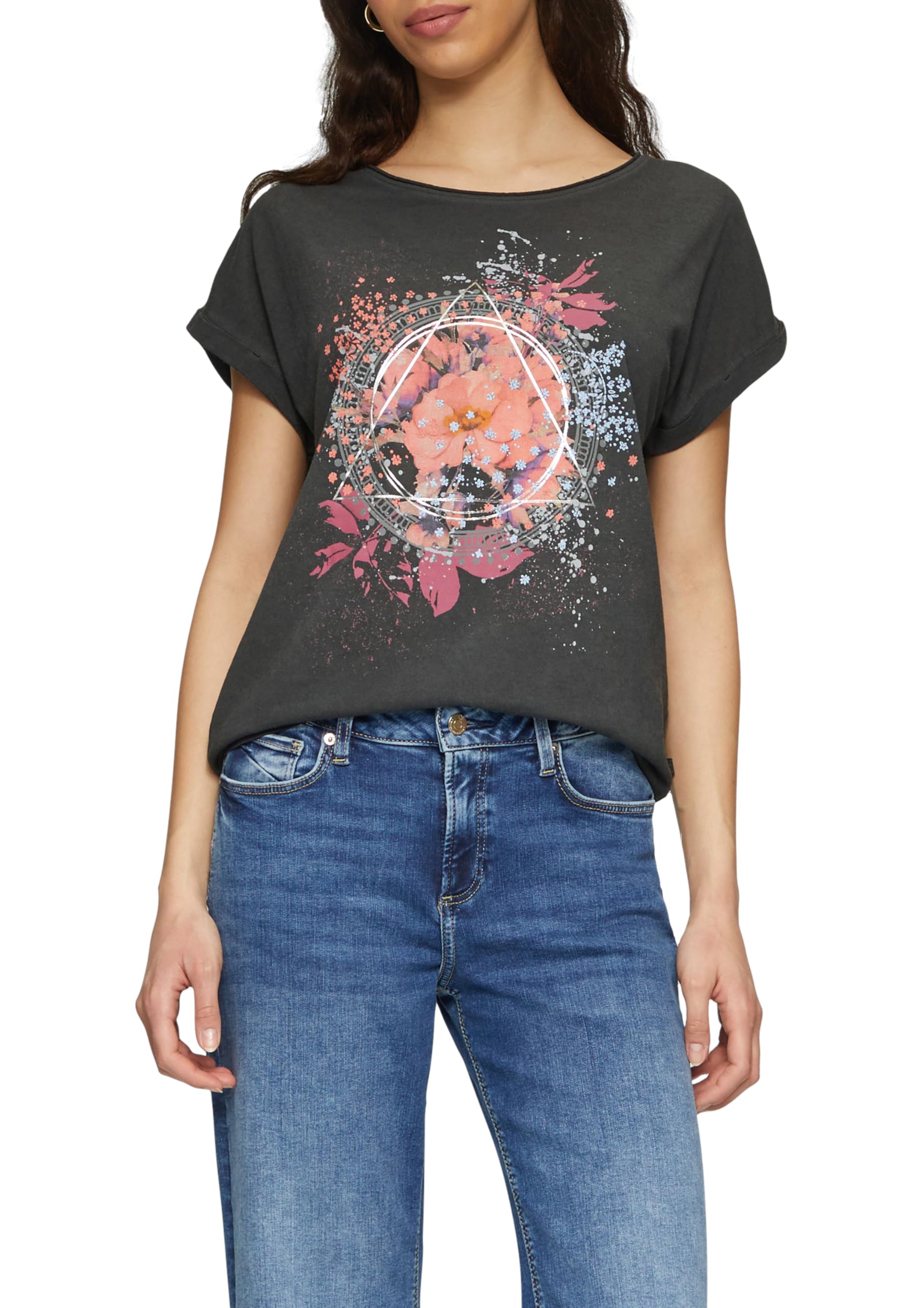 QS Damen Oversize-Shirt in Gewaschener Optik mit Frontprint T-Shirt Frontprint (1er Pack)