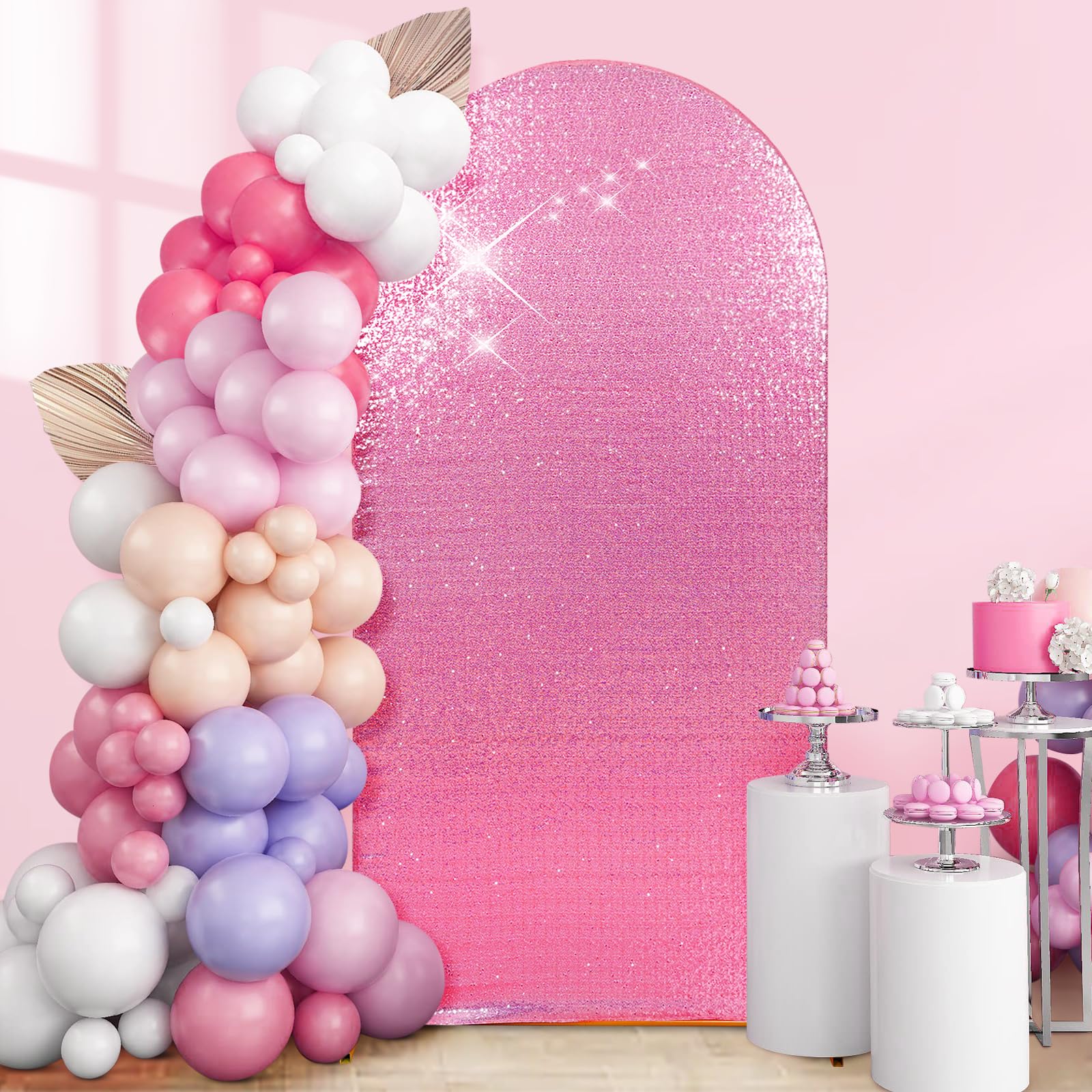 PartyDelight Sparkly Pink Arch Backdrop Cover 6.6FT Sequin Wedding Back Drop Fitted Arch Stand for Birthday Party Decoration