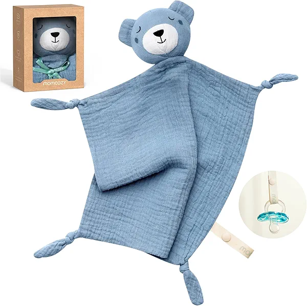 Momcozy Bear Loveys for Babies with Cotton - Soft Security Blanket for Boy or Girl for Self-Soothing On-The-Go-Portable & Anti-Drop Design - Newborn Gift,Must Have(Blue 14 inch)