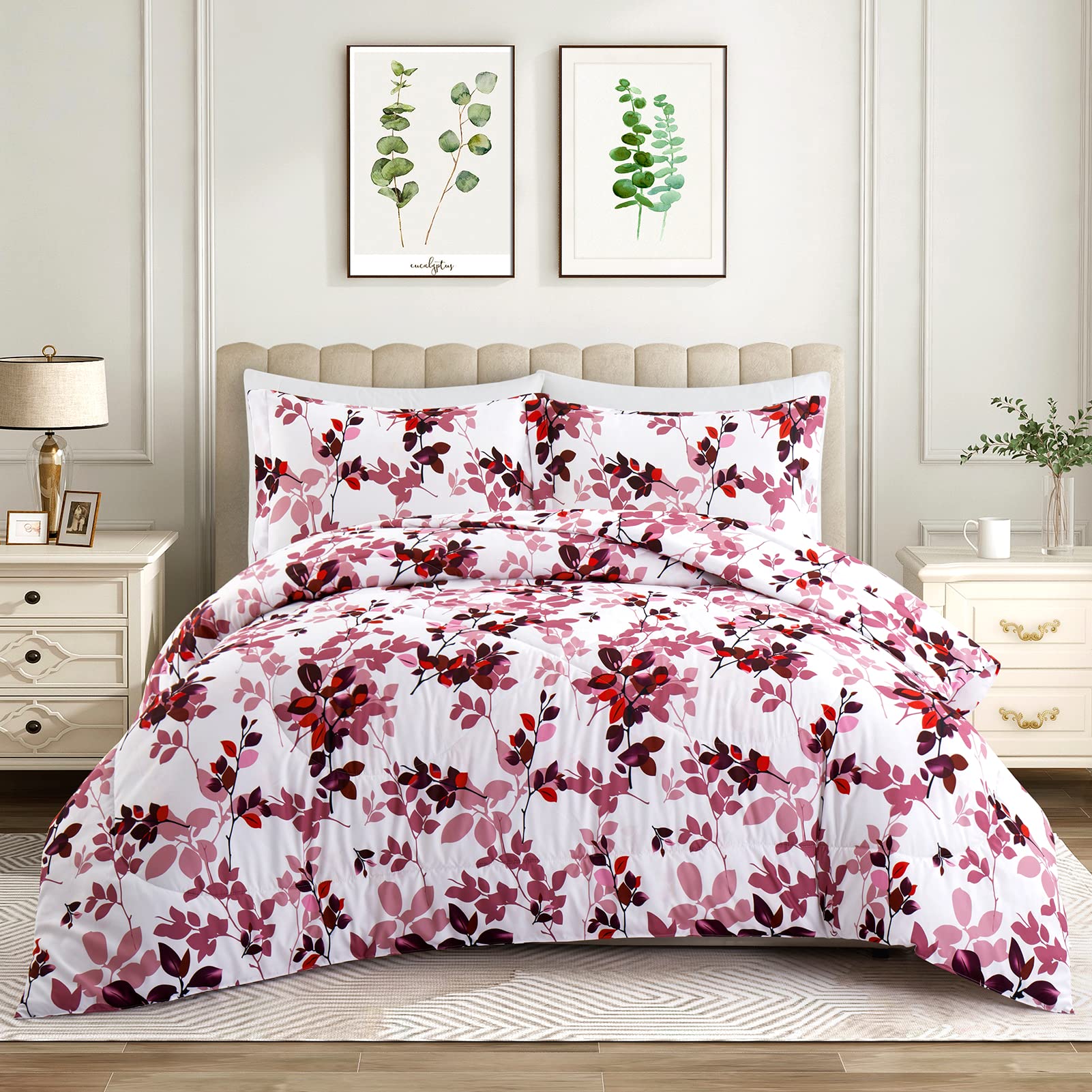 ARTALL Microfiber Botanical Leaves Comforter Set with 2 Shams All Season Pink Floral Printed Full/Queen Bedding Set