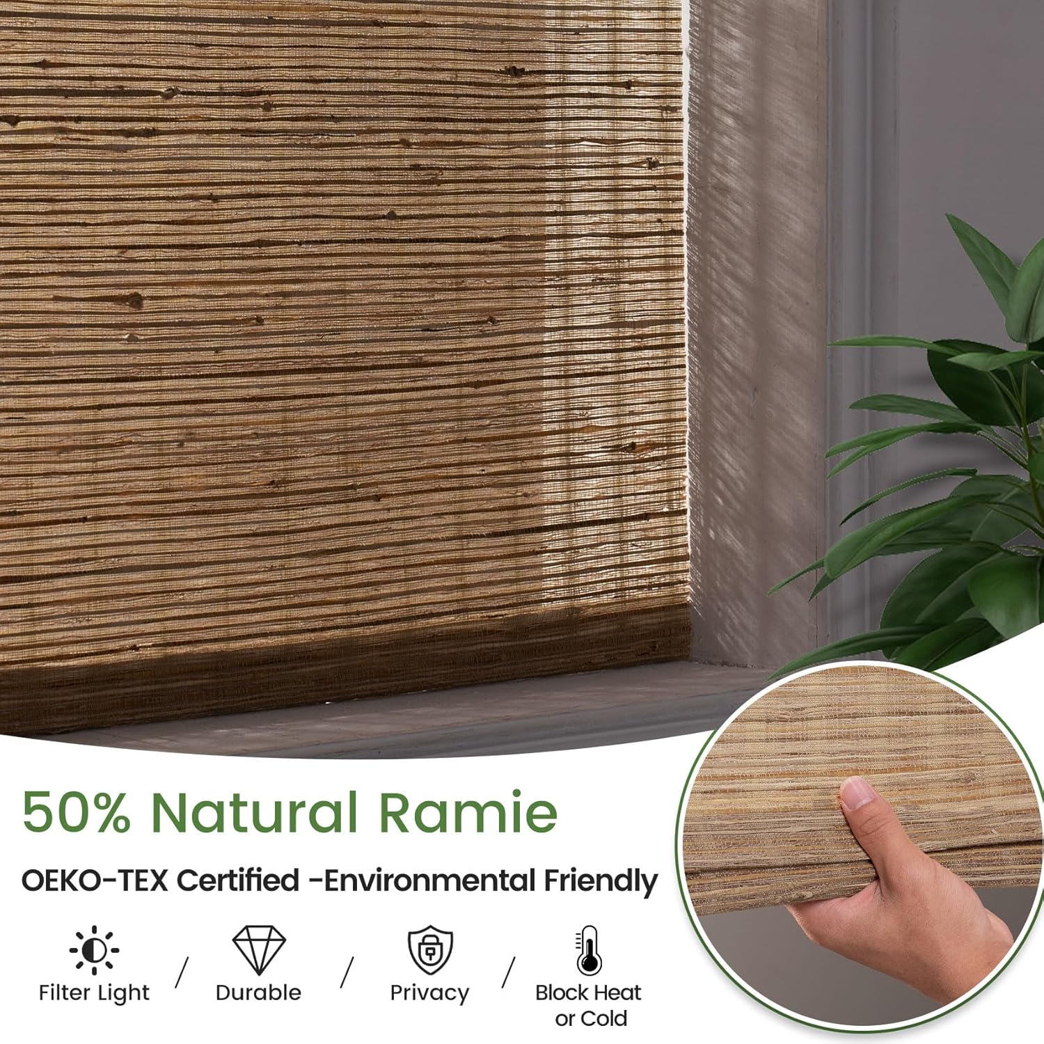 BERISSA Roman Shades for Windows Light Filtering, Natural Jute Woven Roman Blinds Customized Roman Window Shades,Room Darkening Privacy Protection,Light Filtering Ramie Beige,Custom Size