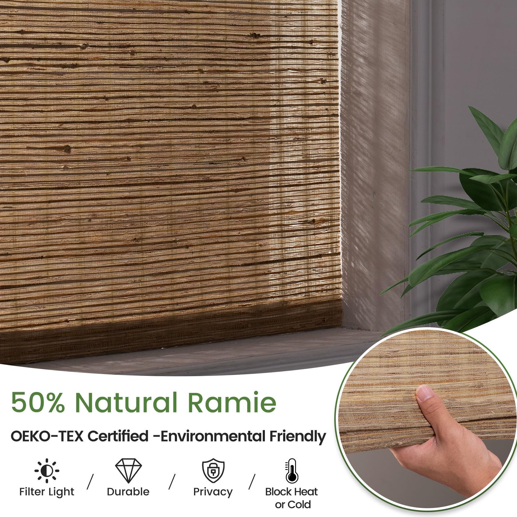 SEEUNANA Natural Jute Woven Roman Shades - Customized Light Filtering Window Blinds, Privacy Protection, Beige 47"W X 96"H