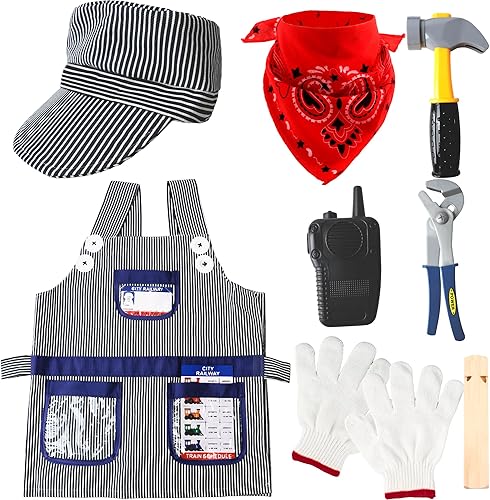 Conjunto de disfraz de conductor de tren para niños, kit de disfraz de ingeniero con gorra, bandana, silbato para niños y niñas, Halloween, día de