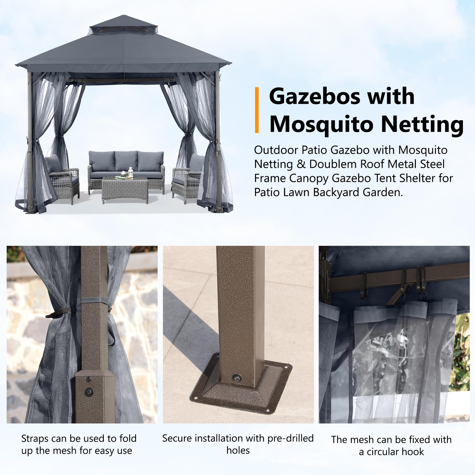 ABCCANOPY Abri de Jardin pour terrasse de 2,4 x 2,4 m – Structure en Acier avec moustiquaire pour pelouse, Jardin, terrasse (Gris foncé)
