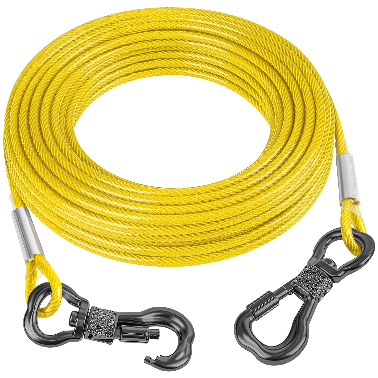 Tresbro 30FT Reflective Tie Out Cable for Dogs Up to 250 Pounds, Steel Wire Lead Leash Cable with Stainless Rotatable Buckle, Lightweight and Enduring, Dog Chains Outside for Outdoor, Yard, Yellow
