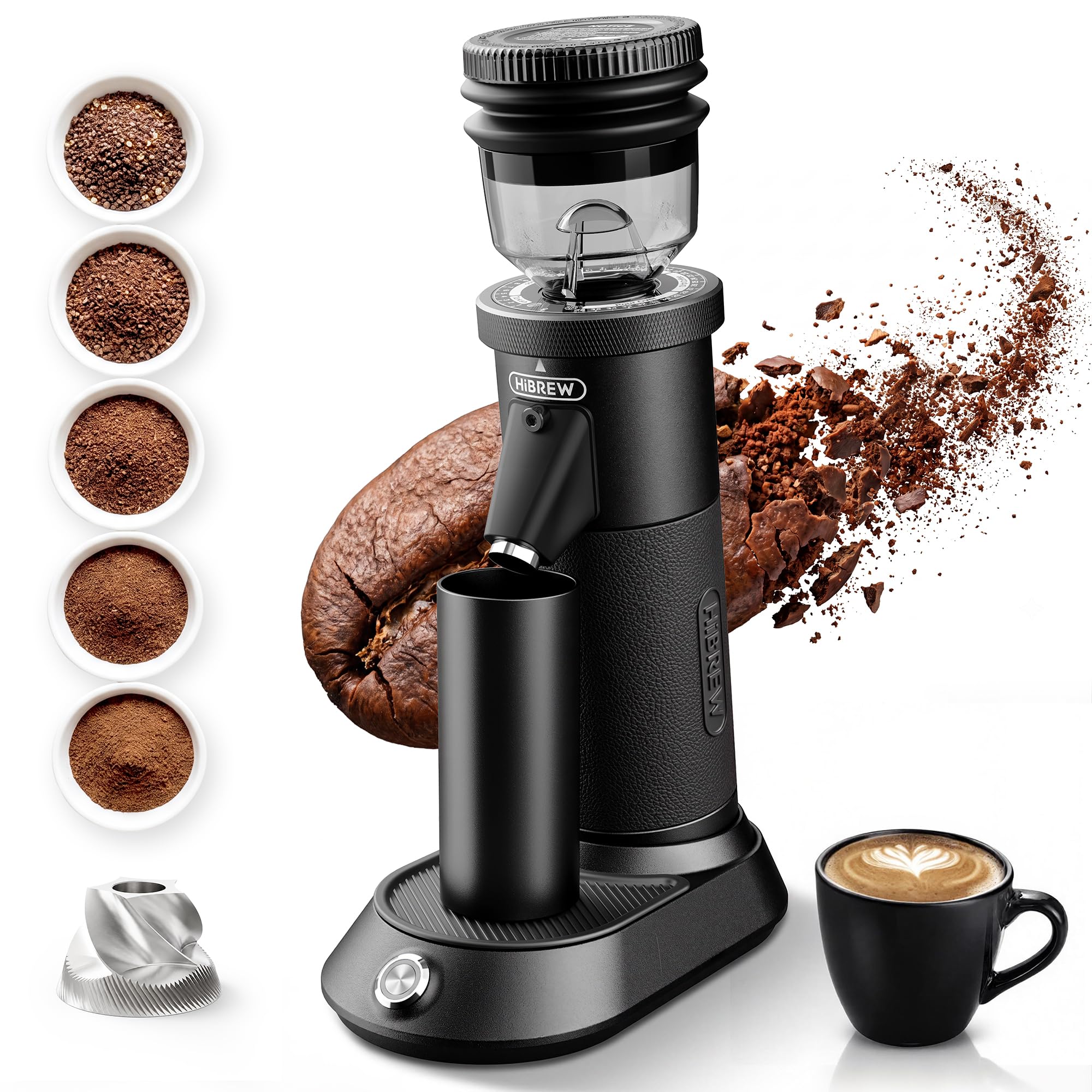 HiBREW G5A Molinillo De Café, 36 Ajustes, Muela Cónica CNC De 48mm | 2026 Upgrade, Molienda Doble Velocidad, Cero Retención, Agarre Cuero, Taza Magnética Casa/Oficina