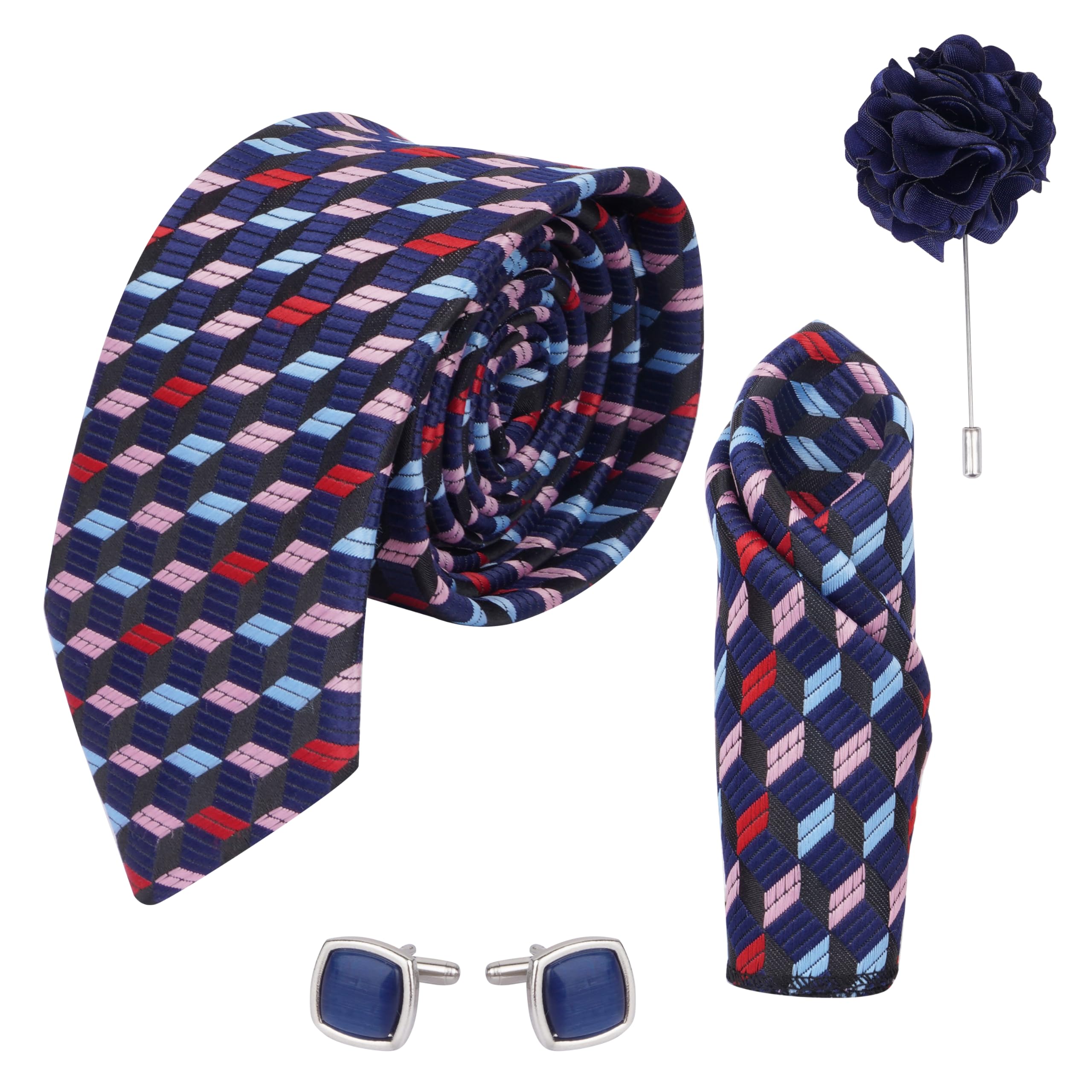 calixto Men's Microfibre Italian, Floral Printed Necktie Tie With Pocket Square,Lapel Pin,Cufflinks (Leatharite Gift Box) (Pack of 4) 13-picture-58