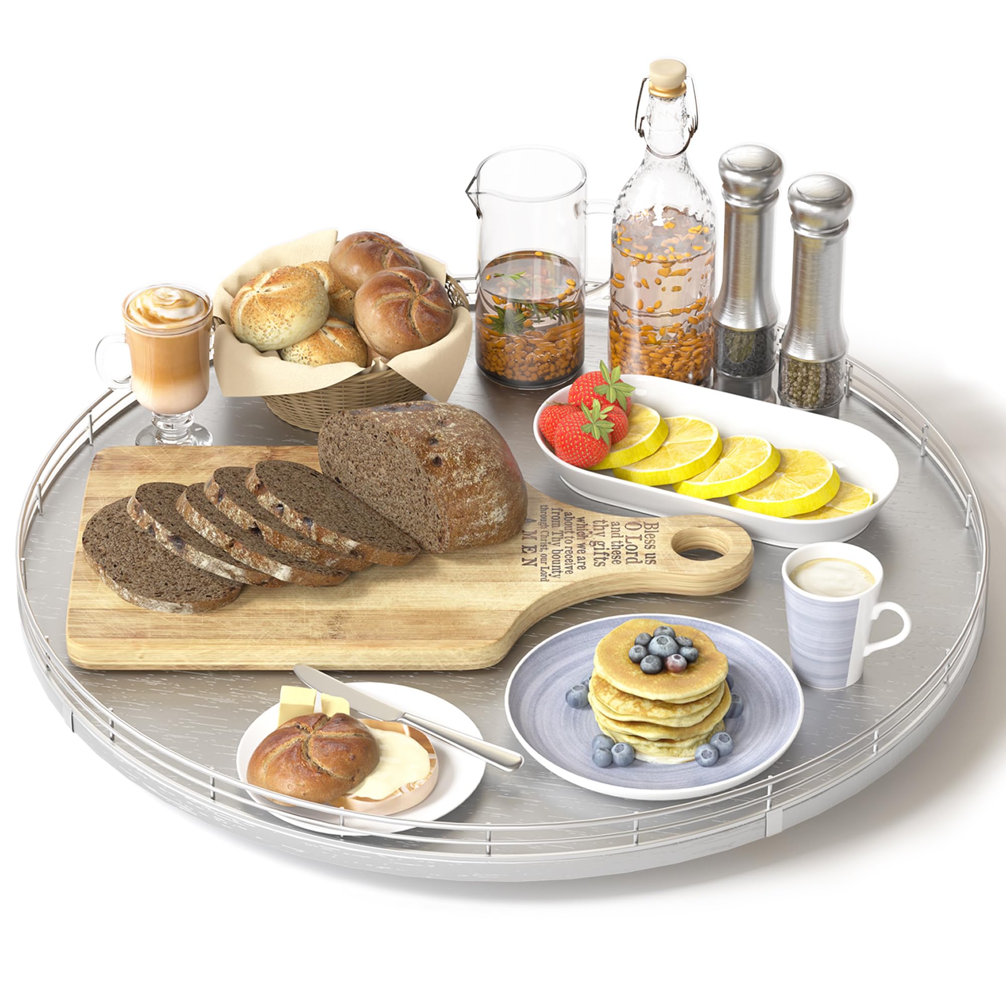 Oroyutor 16-Inch Oak Lazy Susan Organizer with Silver Iron Rail