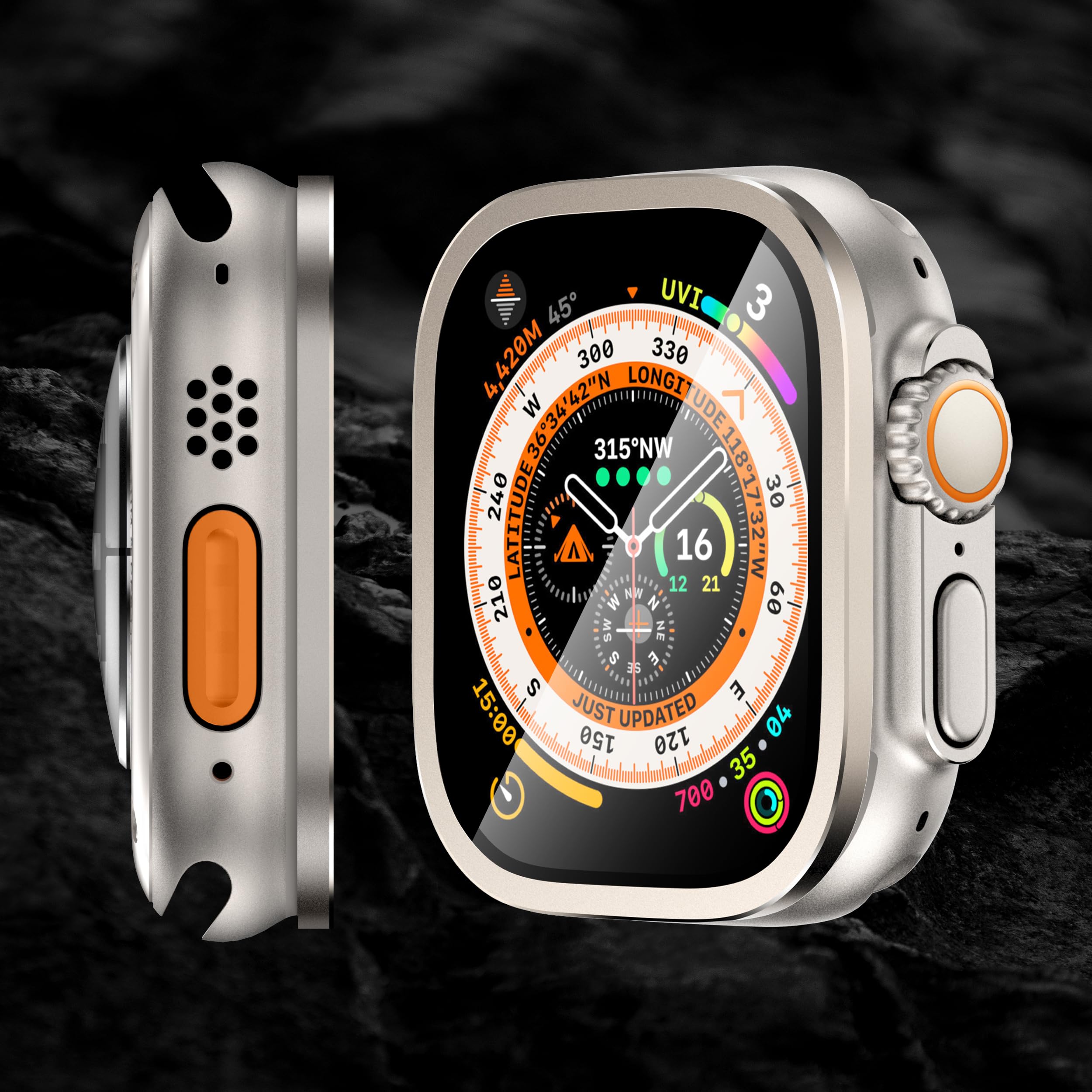 SWUU Paquete de 2 fundas de metal resistentes compatibles con Apple Watch Ultra de 49 mm con protector de pantalla de vidrio templado, naranja y titanio