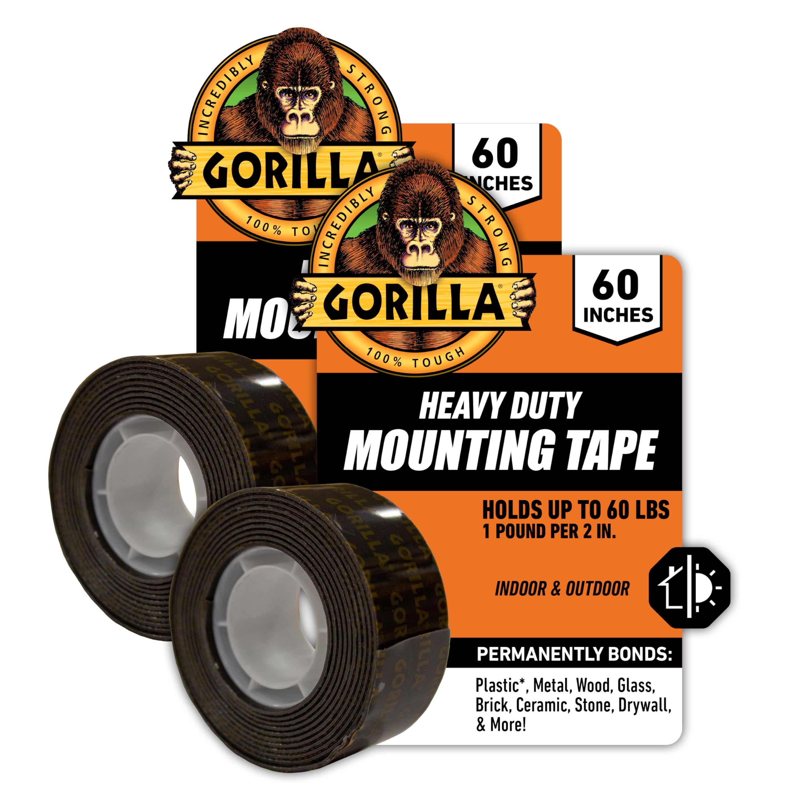 Gorilla - Heavy Duty Double Sided Mounting Tape; Weatherproof; 1" x 60"; Black; (Pack of 2)