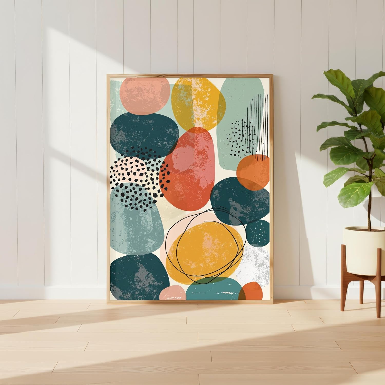 Kitchco Colorful Mid Century Abstract Wall Art Print, Organic Geometric Shapes in Teal Terracotta and Mustard, Modern Boho Decor - 6x8 in (15x20 cm) image 2