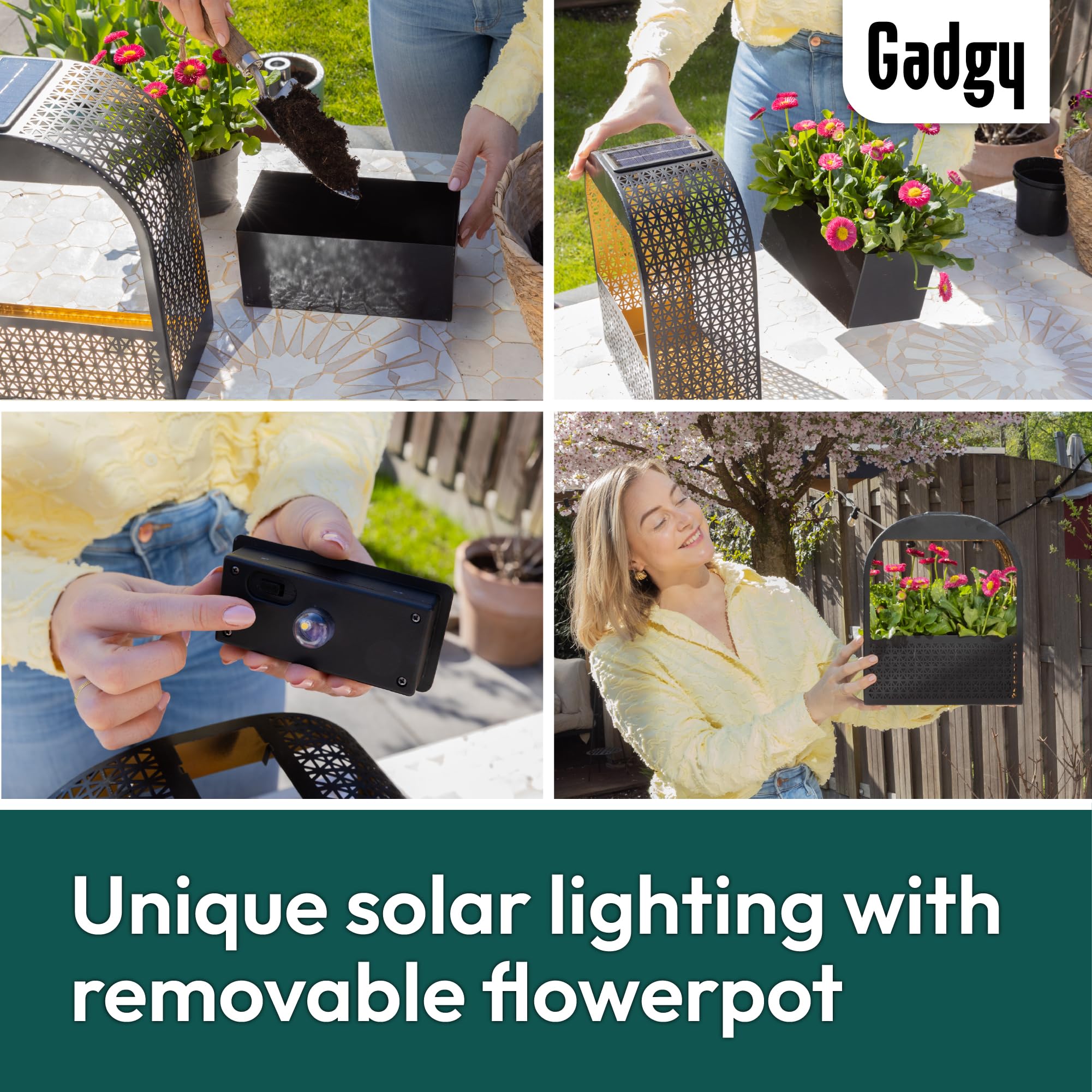 Gadgy Solarna lampa ścienna z doniczką – wazon ścienny, ciepłe, białe światło, dekoracja ścienna, balkon, kwietnik z oświetleniem, odporne na warunki atmosferyczne, oświetlenie ogrodowe, tarasy