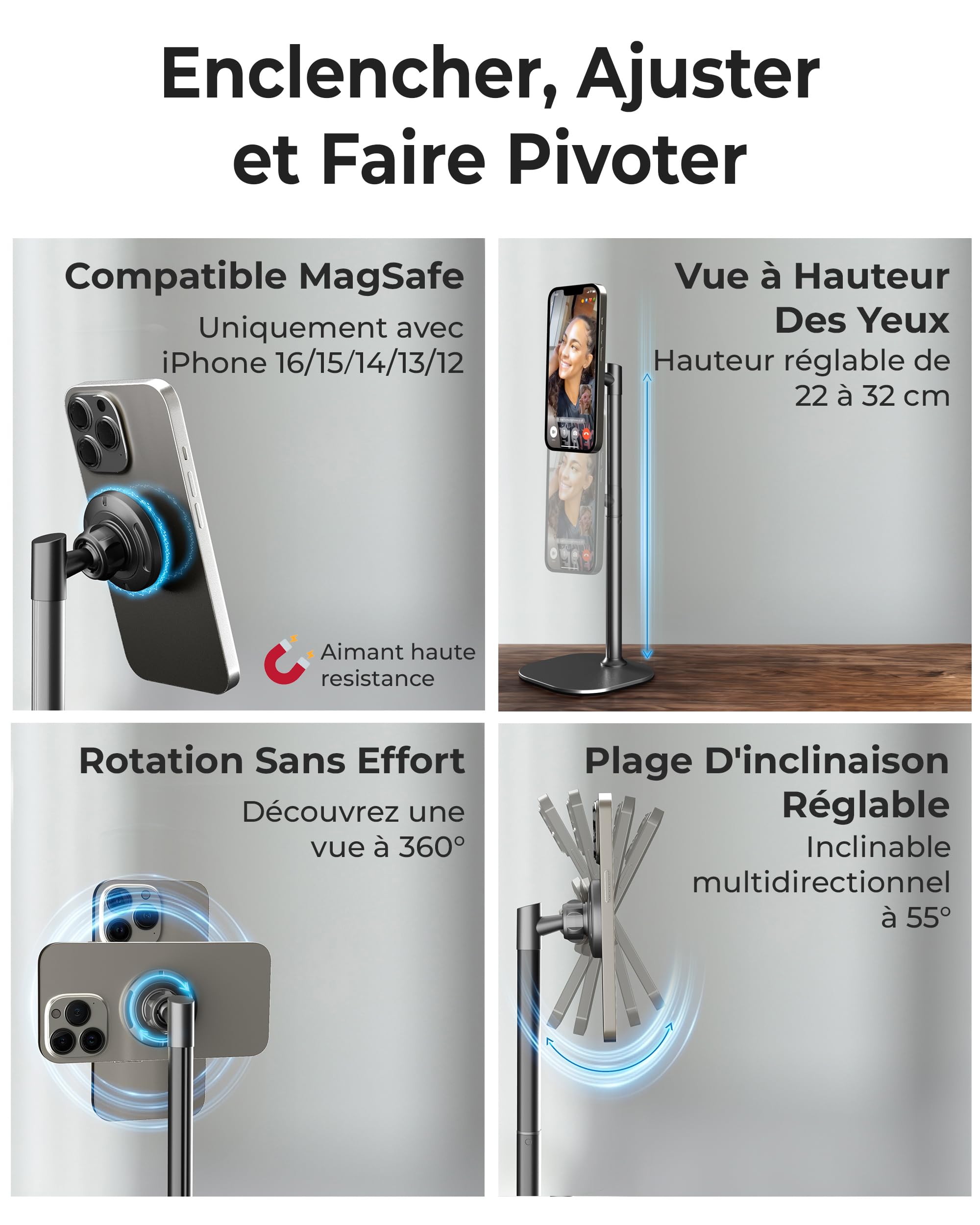 COOPER MagStand Magnétique Réglable Support iPhone pour Bureau Enregistrement Vidéo Compatible MagSafe iPhone 17 Pro Max 16/15/14/13/12 Petit Trépied