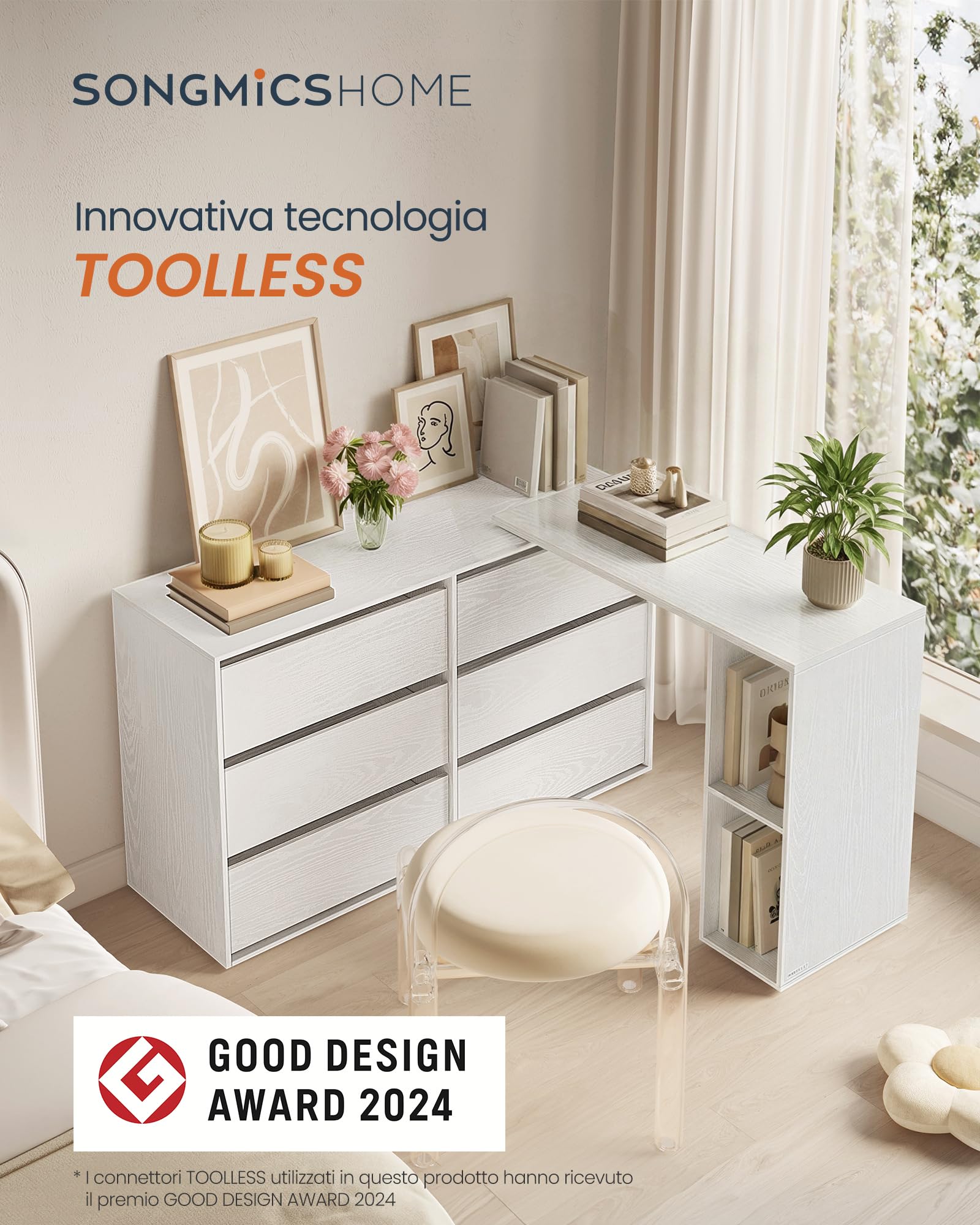 SONGMICS HOME Cassettiera Camera da Letto, Montaggio Rapido Senza Attrezzi Toolless, Scrivania Camera da Letto con Cassettiera Bianca, Toeletta Trucco, 6 Cassetti, Moderno, Bianco LTS656W01