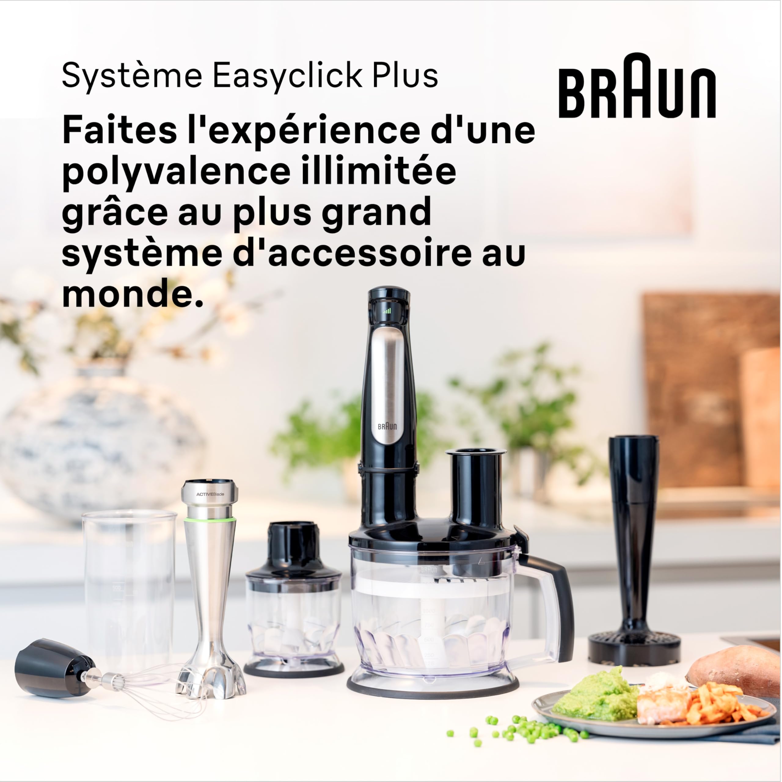 Braun MultiQuick 7 - Mixeur plongeant pour soupes, smoothies et purées bébé, contrôle SmartSpeed, pied en inox anti-éclaboussures, verre doseur, 1000W, Noir (MQ7000X)