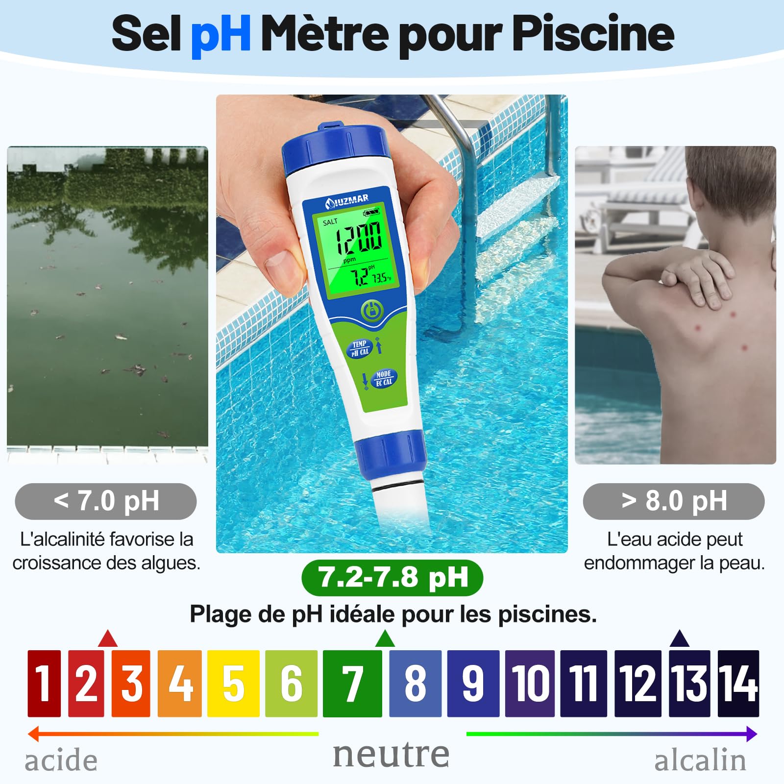 UIUZMAR pH Mètre Numérique Analyseur de Salinité Testeur Sel et pH Testeur pH Piscine Electronique 5 en 1 pH Salinité TDS EC Température Mètre pour Piscine au Sel Spa Aquarium Hydroponiques